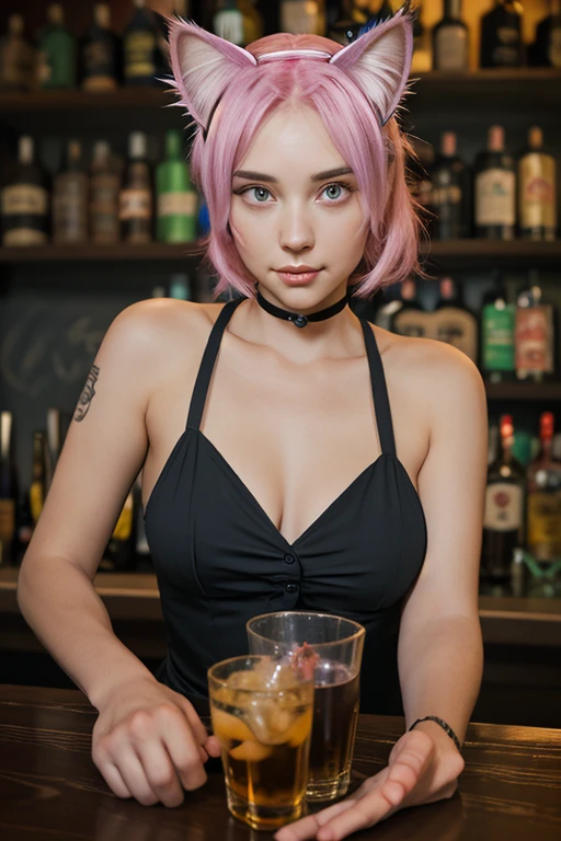 Pink-haired influencer, green eyes of 20 in a full-body bar