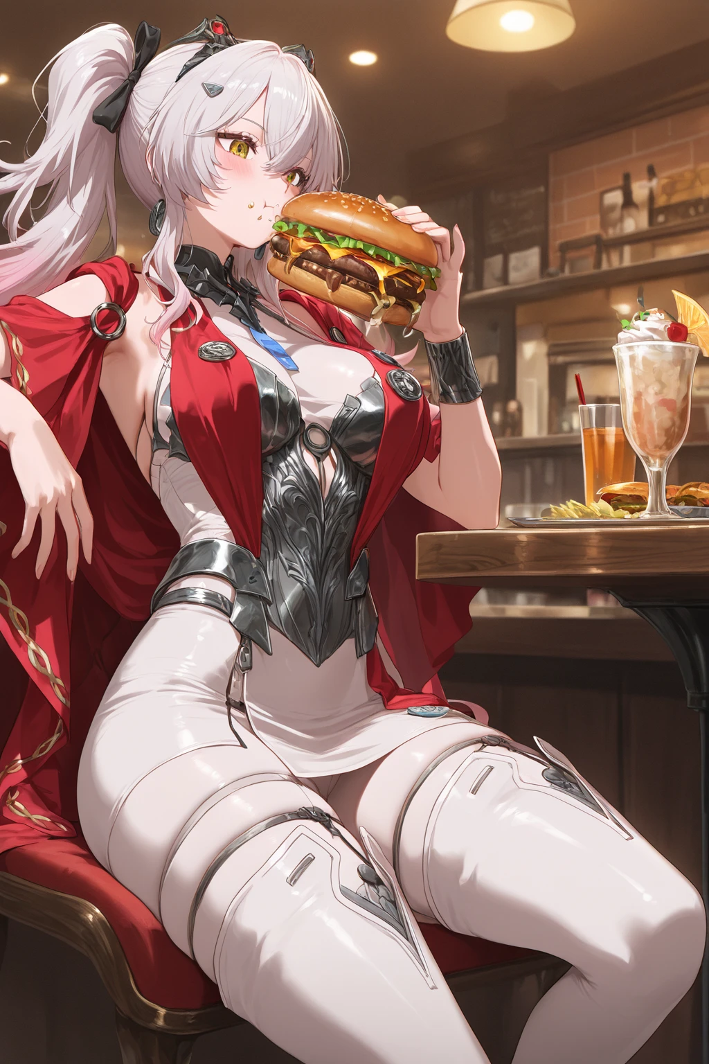 masterpiece, best quality,
1girl, Sasha eating a hamburger while sitting in McDonald,<lora:Sasha:0.9>