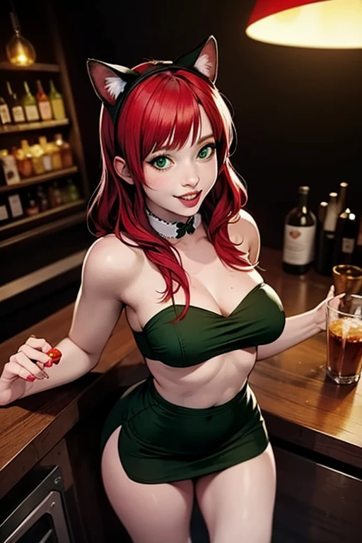 long ginger hair, green eyes, large cleavage, pale skin, glam makeup, smile, wink, red lipstick, split, open legs, curvy, erotic, pretty hands