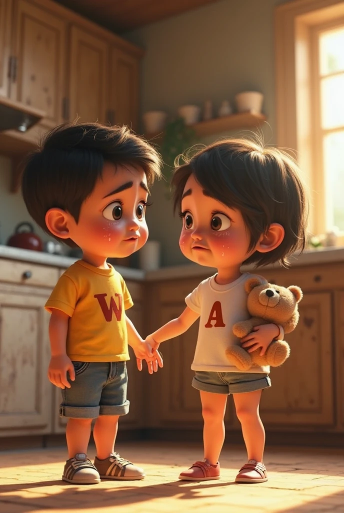 Latino children hugging and a stuffed giraffe between them at a Pixar-style school