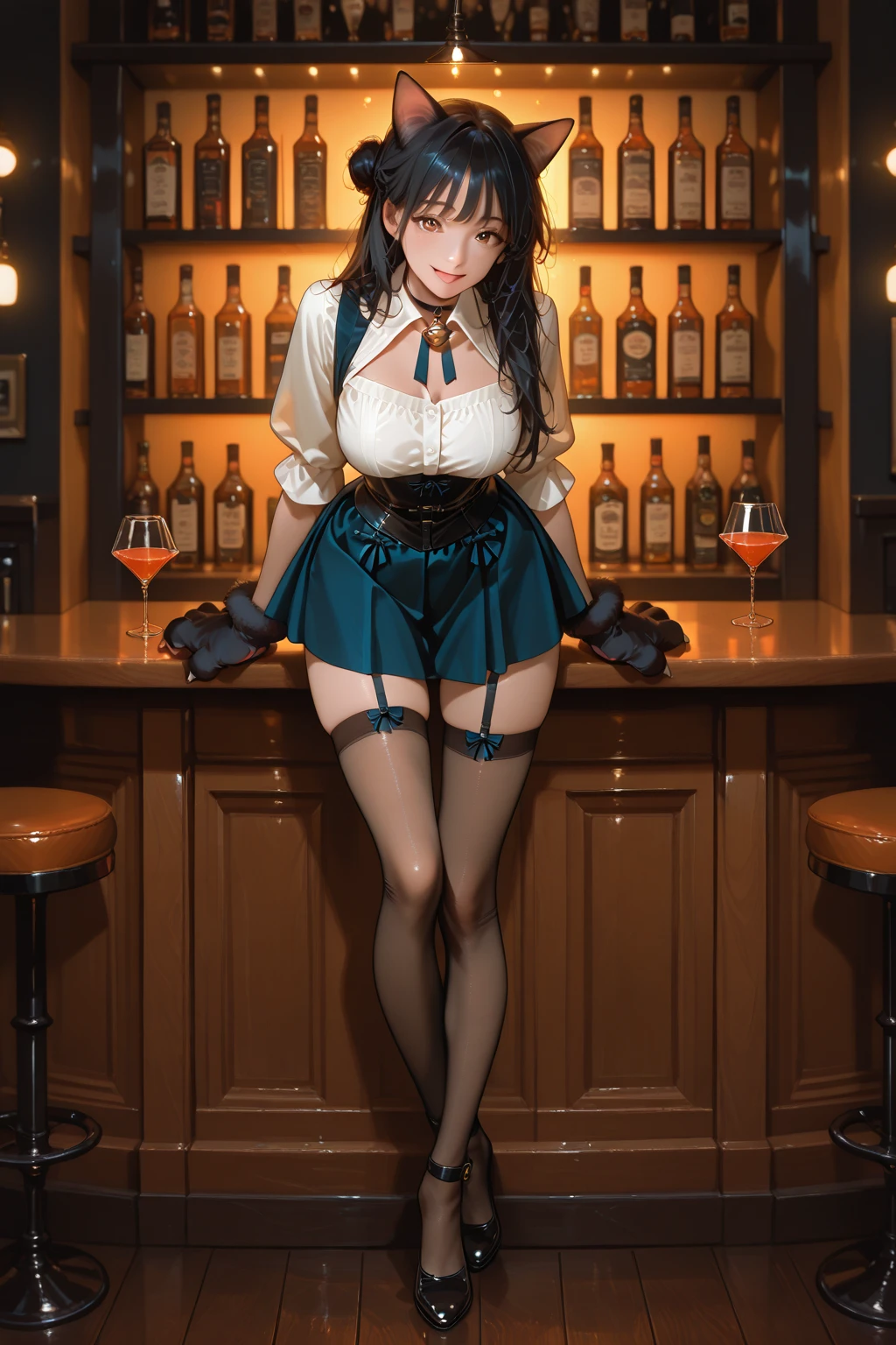 ,(full body:1.5),(((only one girl)):1.4),(view the viewer:1.4),((anatomy correct):1.45),(((dancing in the bar, Perfectly integrated background))):1.3),(she wears large glasses and Holding bra & pantie in her hand:1.2),(shy:1.15),((red cheongsam's set):1.2),(((((((patterns)))))) ,((thick pantyhose)):1.3),( Uniform high heels leather shoes with bows for female students:1.1),((Long legs and large chest):1.3),((((colorful))):1.4),(Accurate and perfect face:1.3),((black short hair):1.2),hyper HD, Ray traching, reflective light, structurally correct, Award-Awarded, high detail, lighten shade contrast, Face lighting ,cinematic lighting, masterpiece, super detailing, high quality, high detail, best quality, 16k,High contrast,