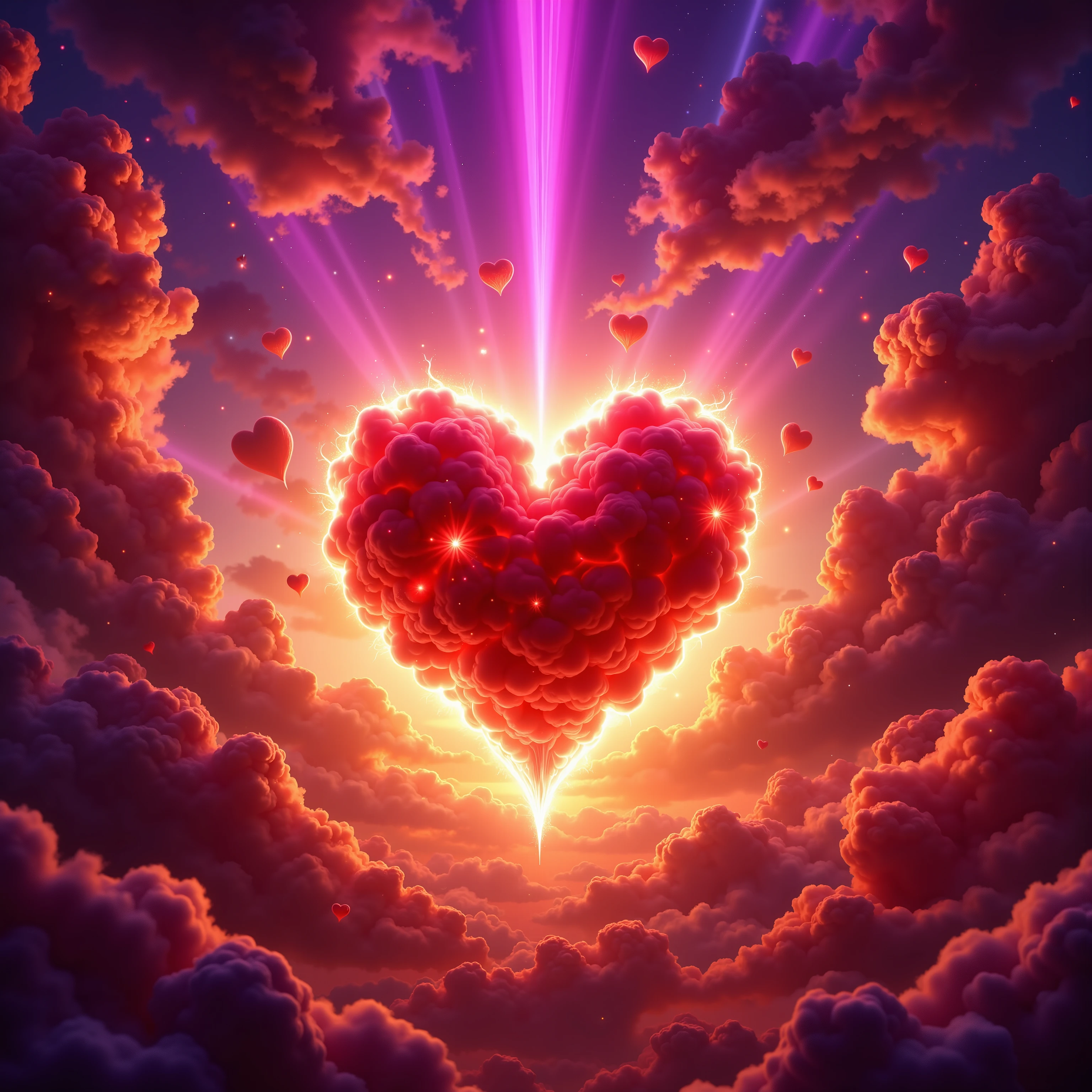 A heart-shaped cloud dominates the center of the image, with its deep red hues creating a striking contrast against the vibrant background. Illuminated by intense beams of light that radiate from behind, the cloud appears majestic and otherworldly, suggesting a sunset or sunrise setting. Surrounding the heart, other clouds display varied tones – from rich purples to fiery oranges and yellows – forming an ethereal sky that evokes a sense of wonder and romance. The composition draws the eye toward the heart shape, emphasizing its symbolic significance. The ambient lighting enhances the mystical atmosphere, casting the scene in an intense yet harmonious brilliance. This interplay of colors and light creates a dreamlike mood, encapsulating a moment that feels both timeless and transcendental. a close up of a heart shaped cloud in the sky, flaming heart, love is begin of all, magic heart, heart effects, love and death, real heart, heaven on earth, concept art of love, heavenly, real heart!, very colorful heavenly, love os begin of all, by Jeanna bauck, full - view, heart, hearts, beautiful Ultra-realistic, photo-realistic, ultra-det8jailed, insane 3D Rendering, futuristic, cyberpunk, professional masterpiece 