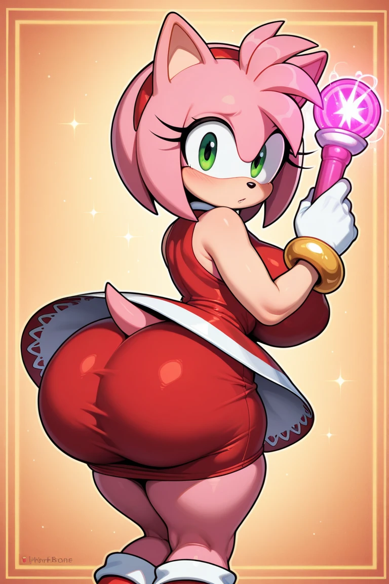 Amy Rose, furry, 1girl,space, solo, best quality, giantess, planet, breasts, huge breasts, thighs, pink fur, thick arms, shiny skin, green eyes, red dress, GTS, Sitting on tiny planet that has cracks on it, evil smile, huge ass, crushing planet under her perfect ass, explosion under ass