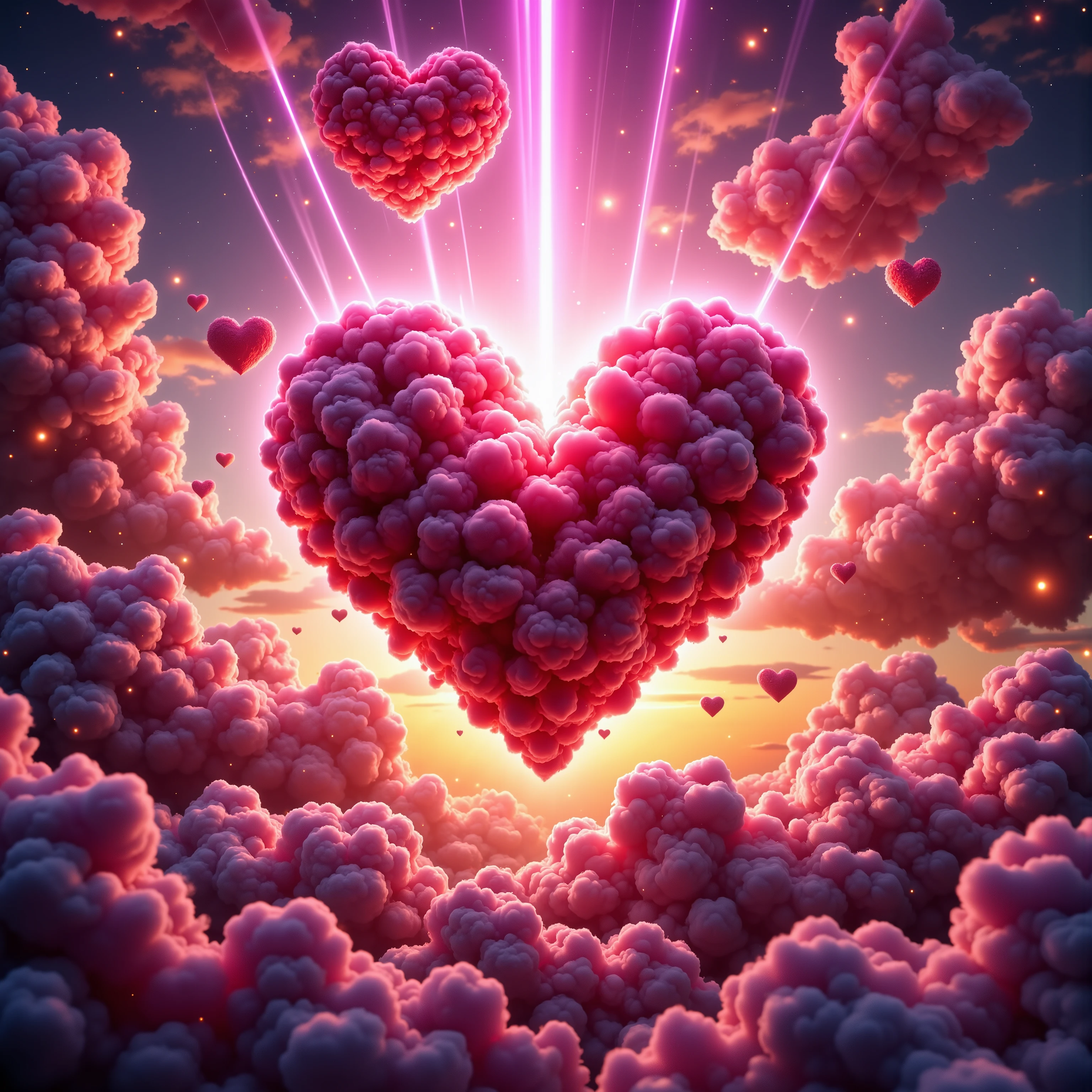 A heart-shaped cloud dominates the center of the image, with its deep red hues creating a striking contrast against the vibrant background. Illuminated by intense beams of light that radiate from behind, the cloud appears majestic and otherworldly, suggesting a sunset or sunrise setting. Surrounding the heart, other clouds display varied tones – from rich purples to fiery oranges and yellows – forming an ethereal sky that evokes a sense of wonder and romance. The composition draws the eye toward the heart shape, emphasizing its symbolic significance. The ambient lighting enhances the mystical atmosphere, casting the scene in an intense yet harmonious brilliance. This interplay of colors and light creates a dreamlike mood, encapsulating a moment that feels both timeless and transcendental. a close up of a heart shaped cloud in the sky, flaming heart, love is begin of all, magic heart, heart effects, love and death, real heart, heaven on earth, concept art of love, heavenly, real heart!, very colorful heavenly, love os begin of all, by Jeanna bauck, full - view, heart, hearts, beautiful Ultra-realistic, photo-realistic, ultra-det8jailed, insane 3D Rendering, futuristic, cyberpunk, professional masterpiece