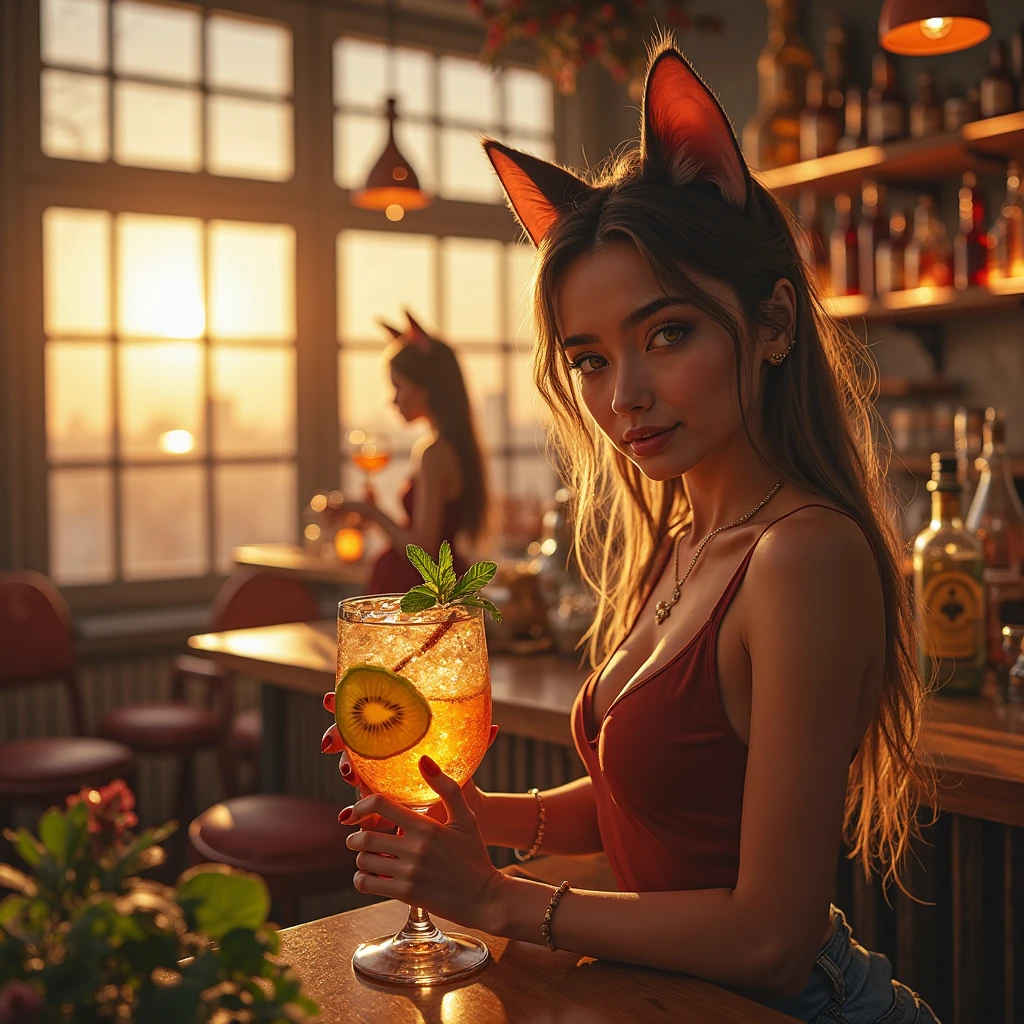 18 year old woman in tiny black lingerie showing her huge breasts and big buttocks, with fox ears and tail, in grocery store, Brown hair, Long hair, Brown eyes, curly hair, tousled hair, large eyes, full lips, with medium light, legs and buttocks worked in the gym, in profile lifting the ass, sexy secretary lenses, High heels, Coca Cola refrigerators in the background