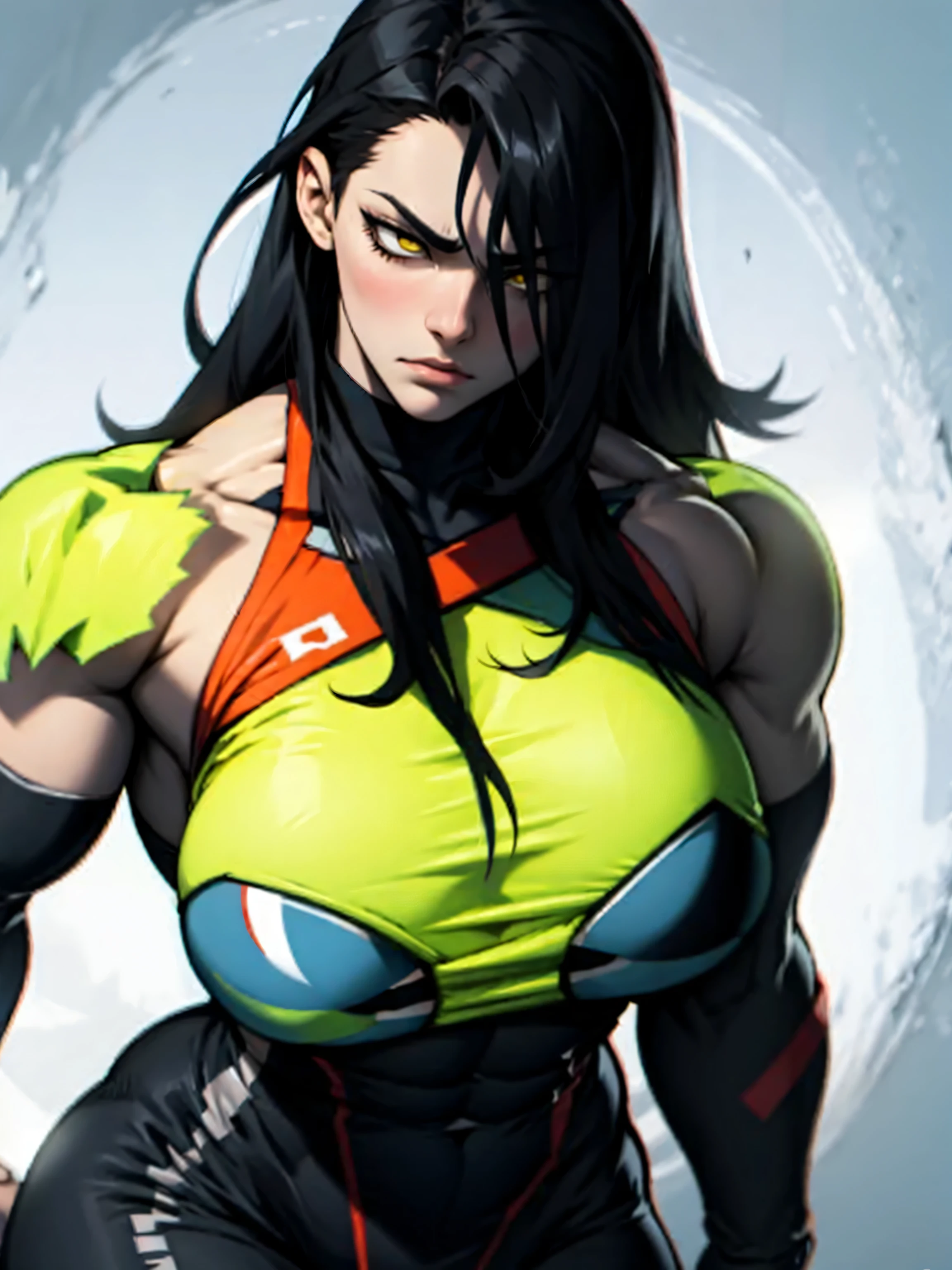 empty eyes embarrassed girl female huge breasts breasts pale skin 1girl muscular toned body huge breasts thick thighs black hair yellow eyes bodybuilder
