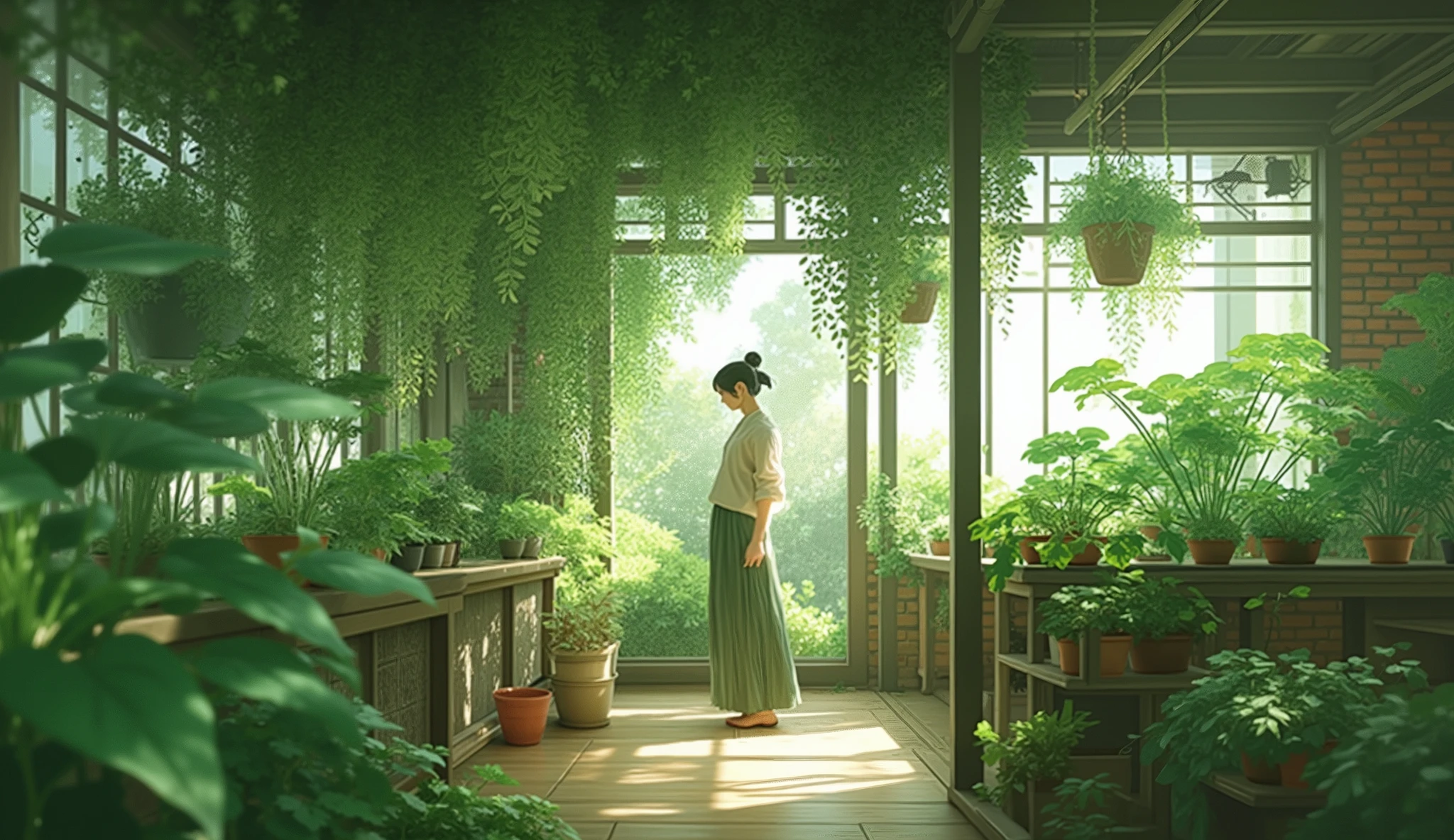 a digital illustration with a serene and artistic atmosphere. It depicts a person standing in a lush indoor garden or greenhouse. The individual is dressed in traditional clothing, with a long skirt and a light-colored top, and appears to be tending to a variety of plants. The setting is filled with greenery, including hanging plants and potted plants, creating a peaceful and natural environment. The lighting is soft and natural, with sunlight filtering through the plants, casting gentle shadows on the wooden floor. The background features a brick wall with a window, adding to the rustic charm of the scene. The overall composition is harmonious, blending elements of nature and traditional aesthetics.