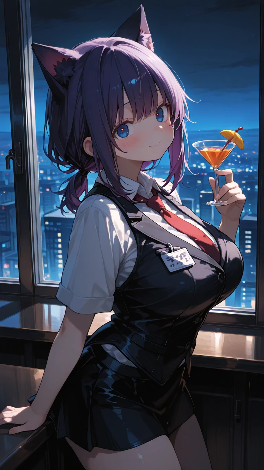 1girl, blue hair, red eyes, 25 years old, businesswoman, navy suit, office lady, beer stein, cheers, outdoor, starry night sky, rainbow colored stars, comet, smiling, fantastical atmosphere, soft focus, (best quality,4k,8k,highres,masterpiece:1.2),ultra-detailed,(realistic,photorealistic,photo-realistic:1.37)