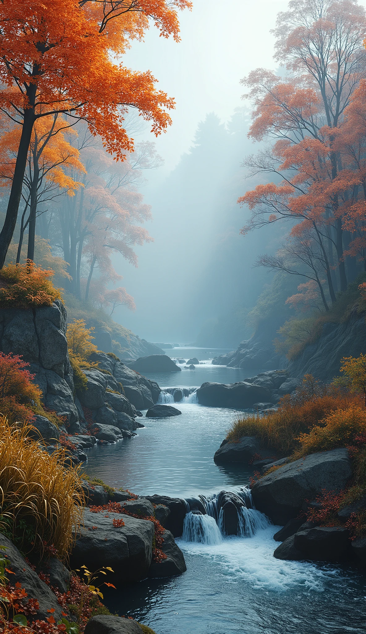 high image quality画像では、oil,(非常にComprehensiveCG Unity 8k壁紙),spectacular river images of autumn leaves in the forest ,Small waterfall, Thick Fog ,Award-winning photo,  Color Difference, Comprehensive, high image quality, Orange blossoms blooming, Monet&#39;s Style、Detailed flower field  、popular on ArtStation、A fascinating harsh situation that has been talked about in cloudscape art、 Art by Midjourney 