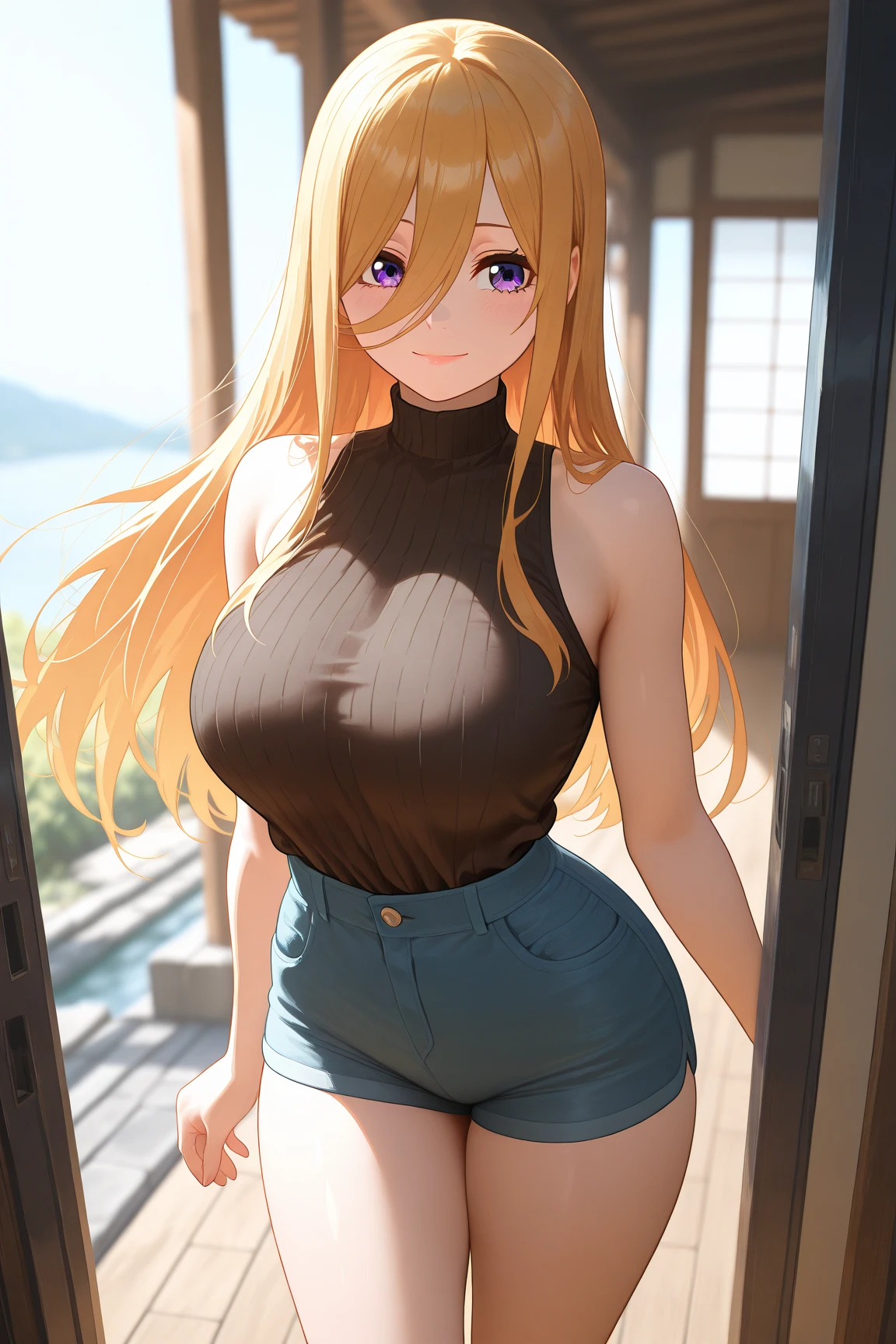 #Basics A girl is posing for a photo, (((One Girl))), (((Baby Face:1.4)) + ((cute:1.4)) + ((15 years old))),
break
#Clothing Accessories
(Black high neck sleeveless shirt:1.2 + (low-cut dress:0.8)) + (Blue denim mini pencil skirt) + ((Black Pantyhose:1.4) : (Shiny) + (Sheer) + (Very low denier)) + (Shiny黒ハイヒール),
break
#Features
((Blonde:1.2)), ((Long side bangs:1.5 + Voluminous side bangs)), (((Straight Long Hair) : Long Hair + Voluminous Hair + Straight hair)),
((Droopy eyes:1.4, Big eyes:1.2), blue eyes), (Small breasts),
break
#background environment
((noon + Sunlit coast, cumulonimbus)),
#Facial Expression Pose
((smile, blush), ((Stand with your arms outstretched horizontally)),
#composition
((Face the camera, (Character Focus), (Angle from the front), (full body))),
break
#Body parts elements
(Slim figure),
(Detailed Hair, Beautiful Hair, Shiny Hair),
(double eyelid, Long eyelashes, Thin eyebrows:1.4),
(Expression of fine eyes, Beautiful and delicate eyes, Sparkling eyes, Eye Reflexes, Glitter Eyeliner),
(Human Ear),
(Beautiful Nose, Thin Nose),
(Shiny唇, Beautiful Lips, Thick lips), (Symmetrical facial features),
(Detailed skin, Textured skin, Beautiful Skin, Oily skin),
break
#Quality Image Quality Common
(((Highest quality)), ((masterpiece)), ((Very detailed))), ((Ultra-high resolution)), ((16K, 1080P)), ((Full HD)),
(Anatomically correct), (Realistic), (3DCG), (Oil painting),
((comics, anime)), (CG illustration), (RAW Photos),