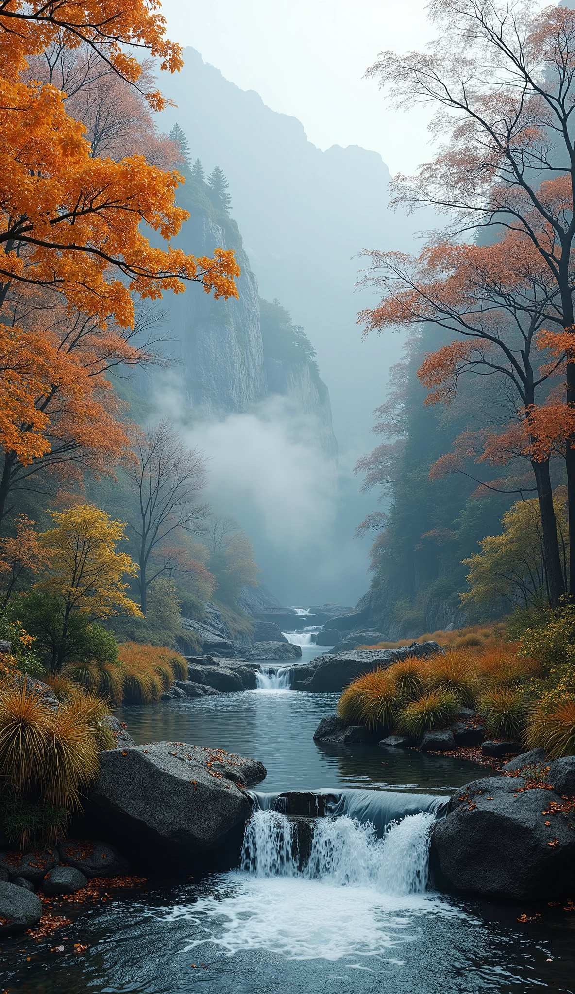 high image quality画像では、oil,(非常にComprehensiveCG Unity 8k壁紙),spectacular river images of autumn leaves in the forest ,Small waterfall, Thick Fog ,Award-winning photo,  Color Difference, Comprehensive, high image quality, Orange blossoms blooming, Monet&#39;s Style、Detailed flower field  、popular on ArtStation、A fascinating harsh situation that has been talked about in cloudscape art、 Art by Midjourney 