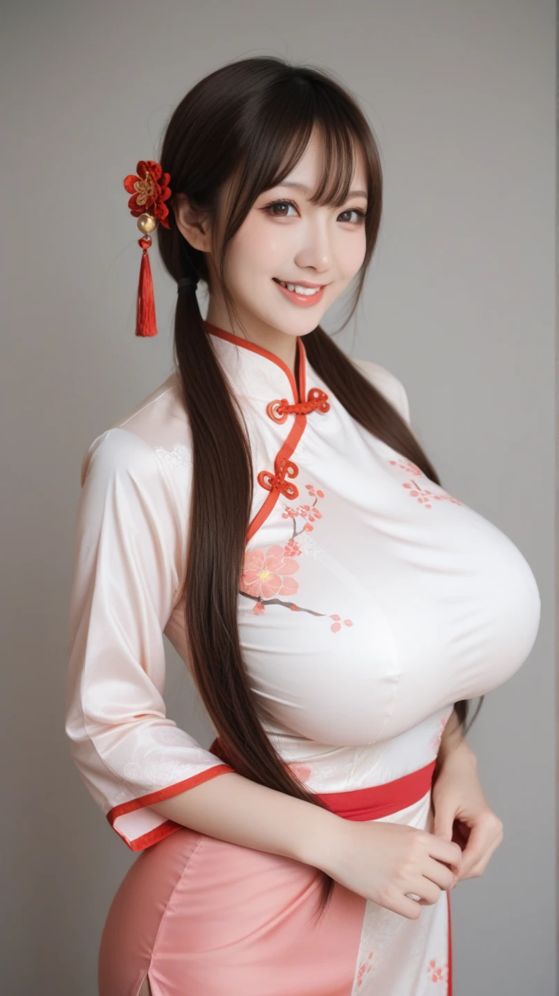best qualtiy,tmasterpiece,超A high resolution,(realisticlying:1.4),1girll,Shoulder,Detailed eyeig eye,big breasts enchanting,look at a camera,Super delicate skin,(gigantic cleavage breasts),palatial palace、( queen),(qipao dress),Laugh heartily,(droopy chest)、A MILF、perfect hand、perfect eyes