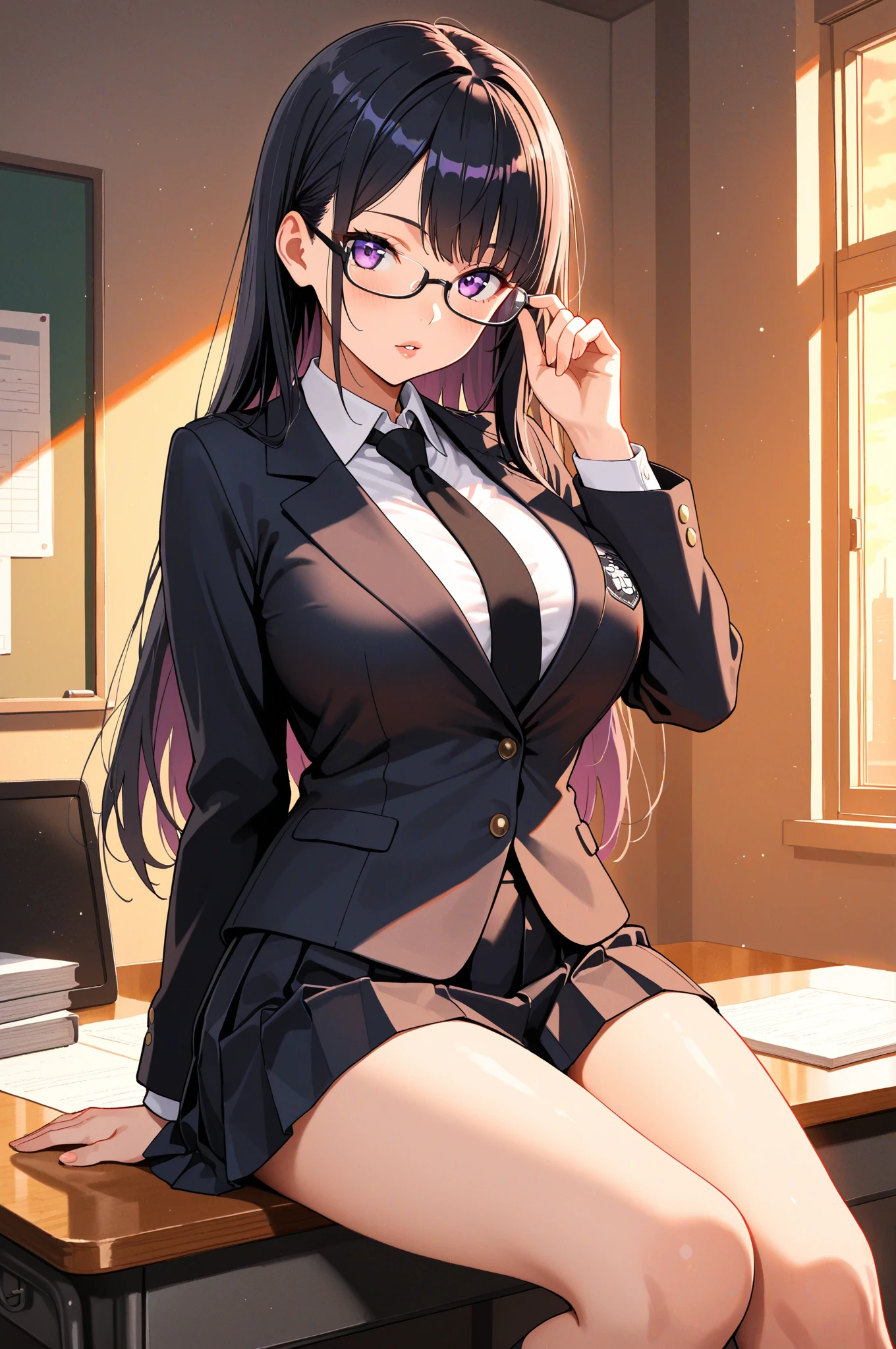 Takiuchi, Inoue Check, Long Hair, bangs, Black Hair, (Purple eyes:1.2),smile,
OL, Akagi Glasses, Black suit jacket, Collared jacket, White dress shirt, Collared shirt, Neckline, button, Black pencil skirt, Black Pantyhose,Stiletto heels,The sun is rising,It's as if your whole body is in the illustration.., break outdoors,city,area,シティストリート break looking at viewer, (Cowboy Shot:1.5), break (masterpiece:1.2), highest quality, High resolution, unity 8k wallpaper, (shape:0.8), (Beautiful details:1.6), Highly detailed face, Perfect lighting, Extremely detailed CG, (Perfect hands, Perfect Anatomy),