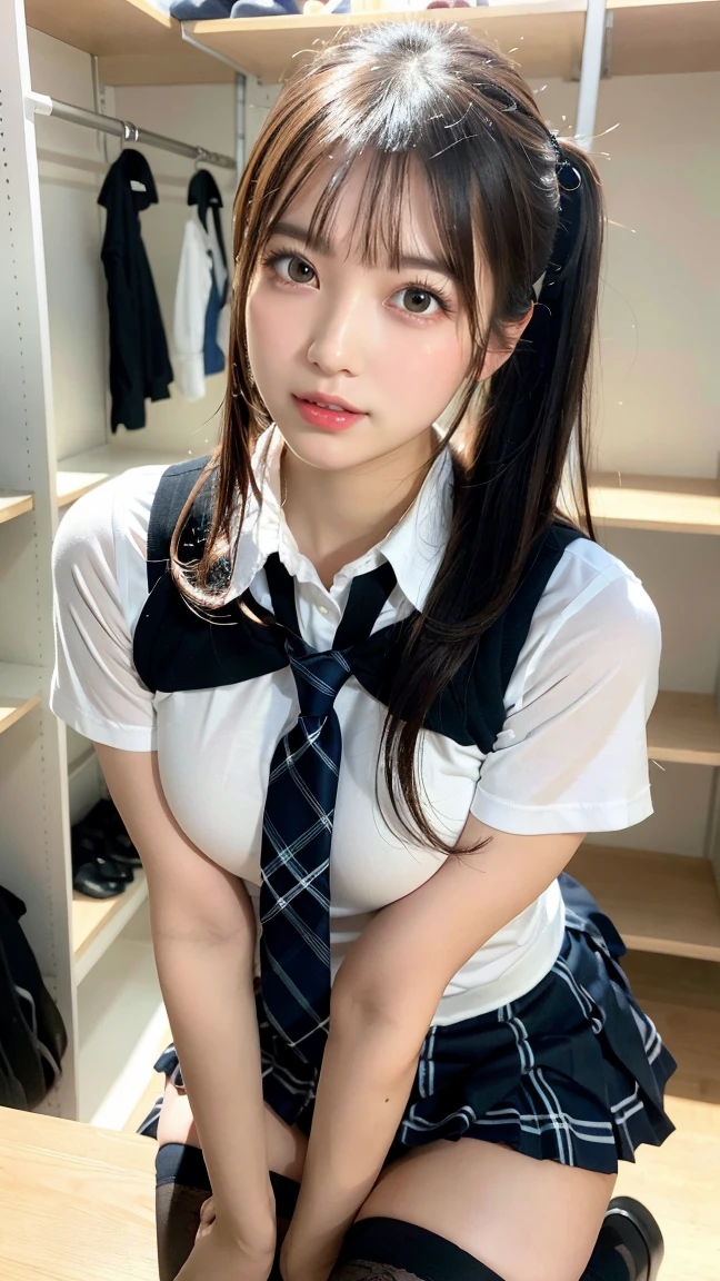 (Japanese cute girl), sexy 18 yo girl, (full body), (cutest face), thin breasts, slender thighs, straight hair, on a bed, (((school uniform))),