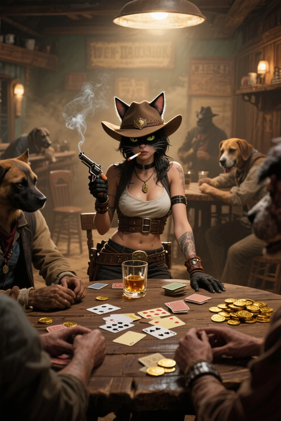(best quality, masterpiece, ultra detailed:1.2), (JinxLol:1.1), <lora:Jinx:1>, sitting, table, (seductive look expression:1.2), big breasts, cleavage, (surrounded by hungry wolves:1.2), tavern