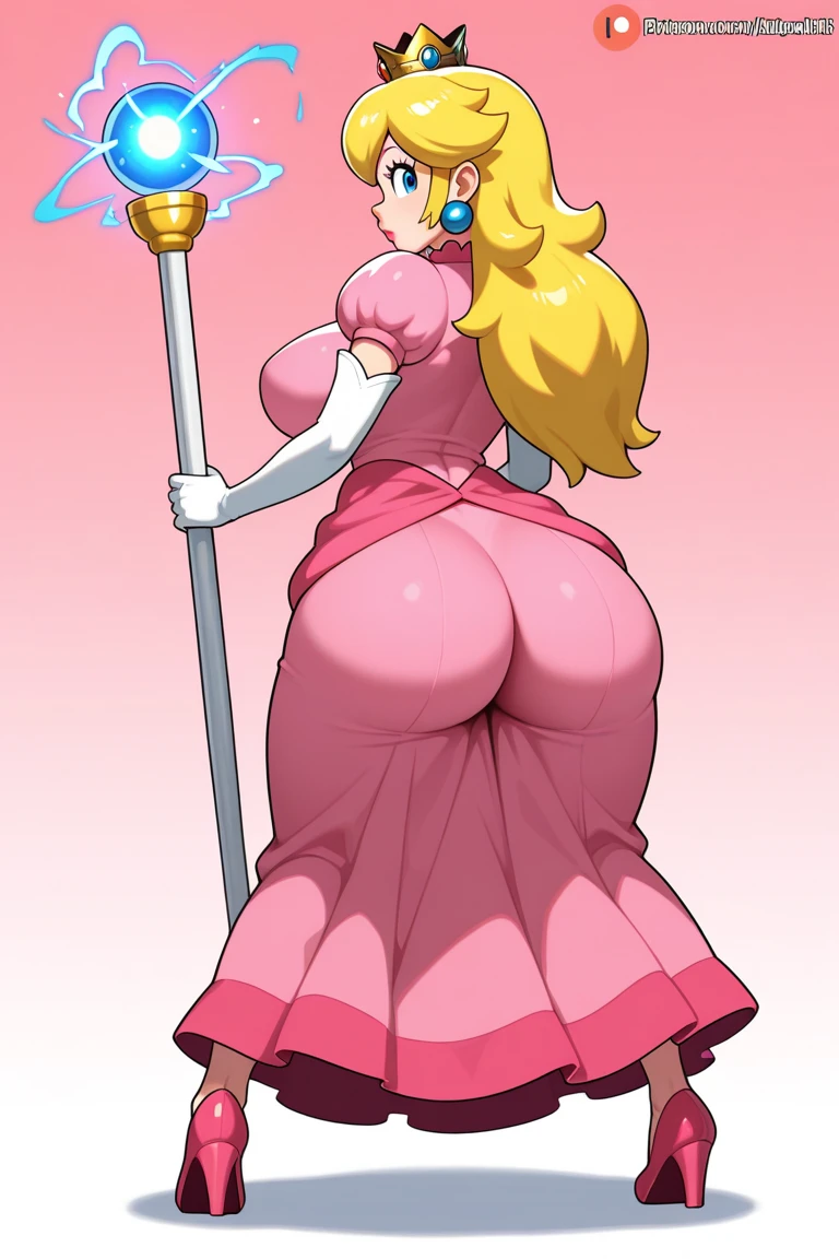 mario_(series) princess_peach commentary english_commentary highres 1girl artist_logo artist_name ass bent_over blonde_hair blue_background blue_eyes blush breasts brooch closed_mouth clothes_lift crown dress dress_lift earrings elbow_gloves eyelashes from_behind from_side gloves gradient_background hair_between_eyes high_heels jewelry large_breasts legs lips long_eyelashes long_hair looking_at_viewer looking_back no_panties patreon_username pink_dress pink_footwear pink_lips princess puffy_short_sleeves puffy_sleeves shadow short_sleeves simple_background smile solo standing stiletto_heels thighhighs watermark web_address white_background white_gloves white_thighhighs
<lora:WesternCartoonClassicDisney100:1>