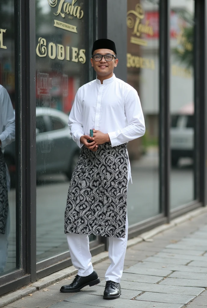 make me a young santri wearing a cream patterned sarong and a black shirt wearing glasses and a cap