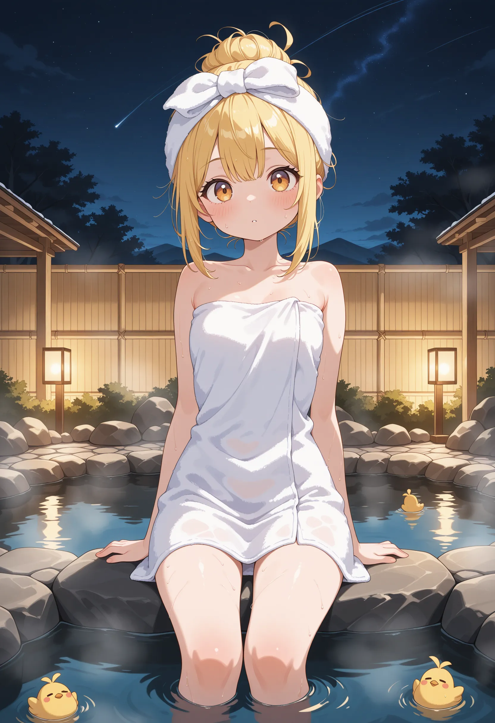 This is a hot spring at Lake Suwa late at night.、The stars are reflected on the water in the background、I can see a shooting star、Japanese adult women A and B taking a bath at a hot spring in Lake Suwa、A has long, loose dark brown hair.、B is light blonde with loose lob hair.、they are naked、2 people are looking at this、fullnude、R-18 、erotic man、erotic illustration、adult doujinshi、pink nipples、They have pubic hair growing on their thighs.、fullnude、breasts of modest size、small tits