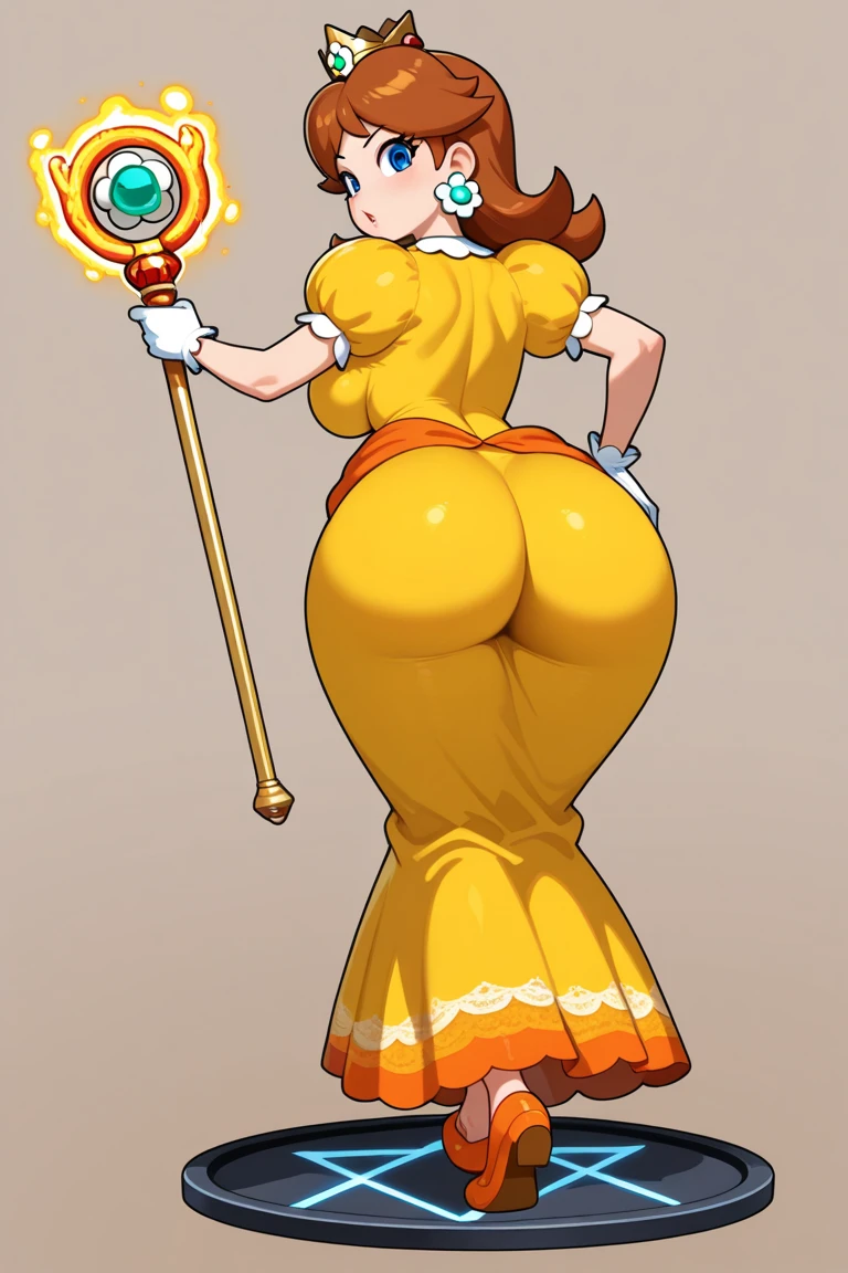 STICKER, (solid outline:1.3), (NSFW:1.2), A detailed illustration of a vivid Sexy Princess Daisy from Mario model pose from behind, looking over her shoulder, bare breasts, yellow thong, ass view, Solo Female, big breasts, small crown, erect nipples, Full length View, high heeled boots, hands behind her back, shoes visible, white gloves, hidden hands, zoom out, vintage t-shirt design, in the style of hand drawing, 3D vector art, fantasy art, watercolour effect, Adobe Illustrator, hand-drawn, digital painting, low-poly, soft lighting, isometric style, retro aesthetic, focused on the character, 4K resolution, photo realistic rendering, using Cinema 4D,