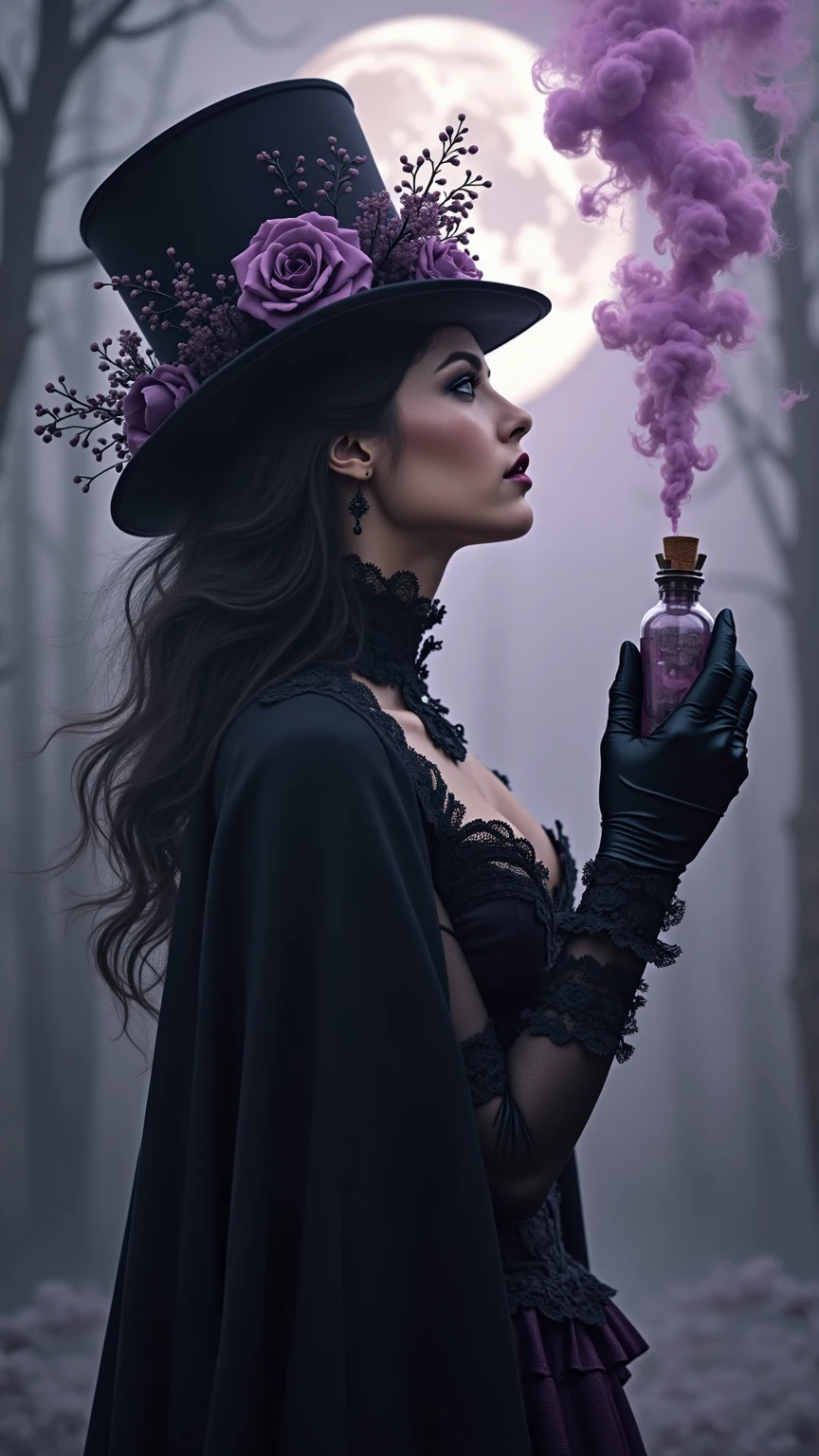 dove woman, in a purple and black corset and a long purple and black and gold skirt, full curly hair, red lipgloss stick, cigarette in hand laughing on a road with roses around