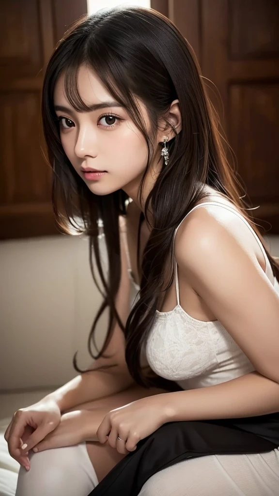 ((Realistic lighting、top-quality、8K、​masterpiece:1.3))、Clear focus:1.2、NSFW:1.2,（nudde:1.2）、((realisitic)) , ((Real Light、top-quality))、Model body type:1.4、(dark brown  hair、tits out:1.2)、dark-brown eyes、length hair、on the beds、(24 year old:1.3)、hyperdetailed face、A detailed eye、二重まぶた、a necklace、Hair over one eye、high-heels、eye line、crouching down、Open your legs