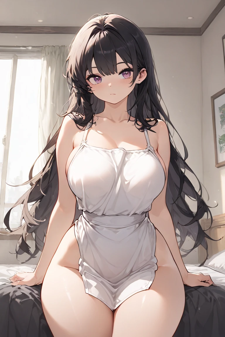 (masterpiece), best quality, highly detailed faces, (SHARP details), 4k, highly detailed, expressive eyes, SHARP detail expressive eyes, (SHARP detail perfect face), ((dark skin)), (bunny ears), (viera), ((black hair)), (choker) amber eyes, ponytail, wild tomboy hair, (large breasts), smiling, standing, (wearing white babydoll), lace, 20 years old, ((wearing tight white panties)), ((solo)), nice hips, curvy, tall woman, bedroom, bed, windows, modern interior, ((cameltoe)), midriff, big ass, crotch focus, ((sweat)),