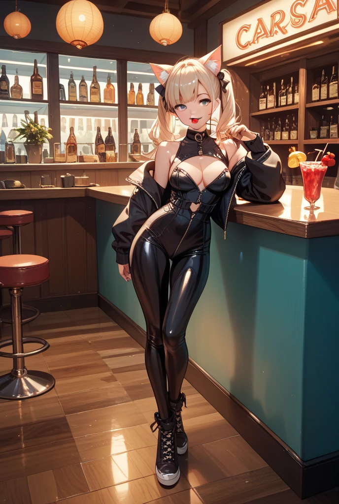 beste-Qualit、1girl in,white hair、Longhaire、Blue eyes、Red cheeks、a small face、a smile、Black Bunny Girl:1.4、huge tits:1.2,Constriction、Thin leg、Tights with mesh pattern:1.3、View here、Standing position、Put your hands on your hips、Slouching posture、Angle night from diagonally above、Dim lighting、empty of people、Girls Bar:1.5、Background blur