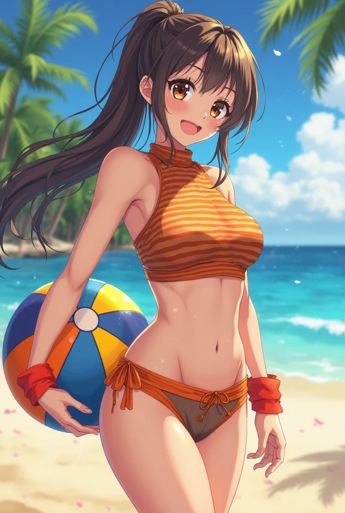 solo / Brown eyes, long dark hair, / big tits / girl with、lighting like a movie、The bikini、beachvolley、beach volley ball、spring、jump、、jump、shout out、