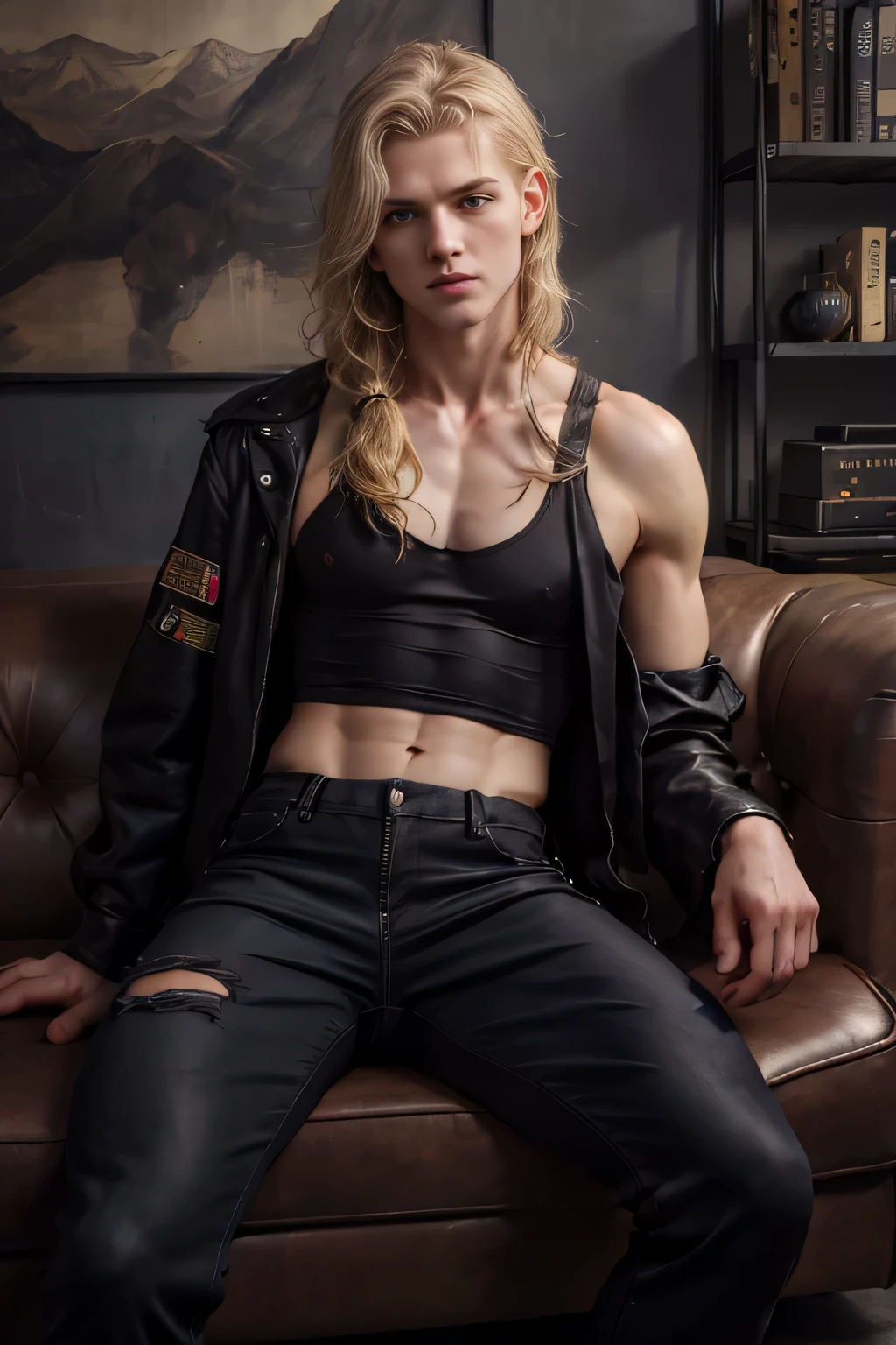 ((Best quality)), ((masterpiece)), (detailing), ((perfect face)), ((half of the body)) Perfect proportions, he's a bad guy, 23 years old, he has disheveled curly golden hair, blue eyes, cool, he's sexy, he has a lot of piercings, he is dressed in black leather, he has tattoos on his arms, he wears tight trousers and army boots, he wears accessories with spikes, he is against the background of a night city ((perfect face)) full-length+, disheveled curly golden hair, tall, athletic, athletic, handsome, masculine.