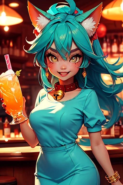 masterpiece,best quality,1girl,solo,piratetawna,two-tone hair,ear piercing,detailed eyes,furry,short hair,green eyes, short jacket,cleavage,crossed arms,looking at viewer,smile,(in the bar club, bar club wall color is black, yellow, white, green, blue) ,cartoon style, cute, (breast:1.2) full body picture, thick thighs,