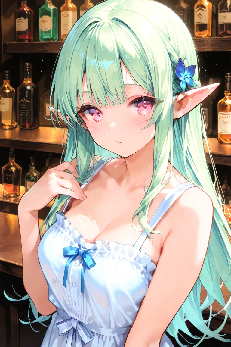 Pointed Ears, Green Hair, Green Eyes, short hair, short hair with long locks, , Live Stage, Browsing Caution. Large Breasts. naked. crying ,solo, nipple