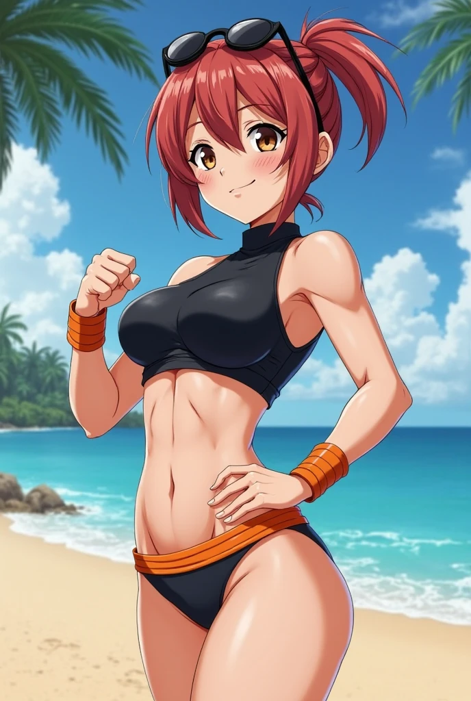 (((Nino Nakano)))、Pink and short shoulder-length hair, reddish orange hair,、butterfly hair ornament, (dark blue eyes, )、Huge ceiling、(black bikini)、(red blush: 1)、 (((is standing)))、earring、a smile、(Sexy), muscular legs, muscular belly, barefoot, (full body photo), (((on the beach at night with stars in the sky and full moon)) ), glowing eyes, eye reflection, evil smile, bad mood, anime, anime style, ray tracing, glare, bright light, drop shadow, panorama, Sony FE, UHD, masterpiece, accurate, anatomically correct, textured skin , super detail, high resolution, HD, 16k