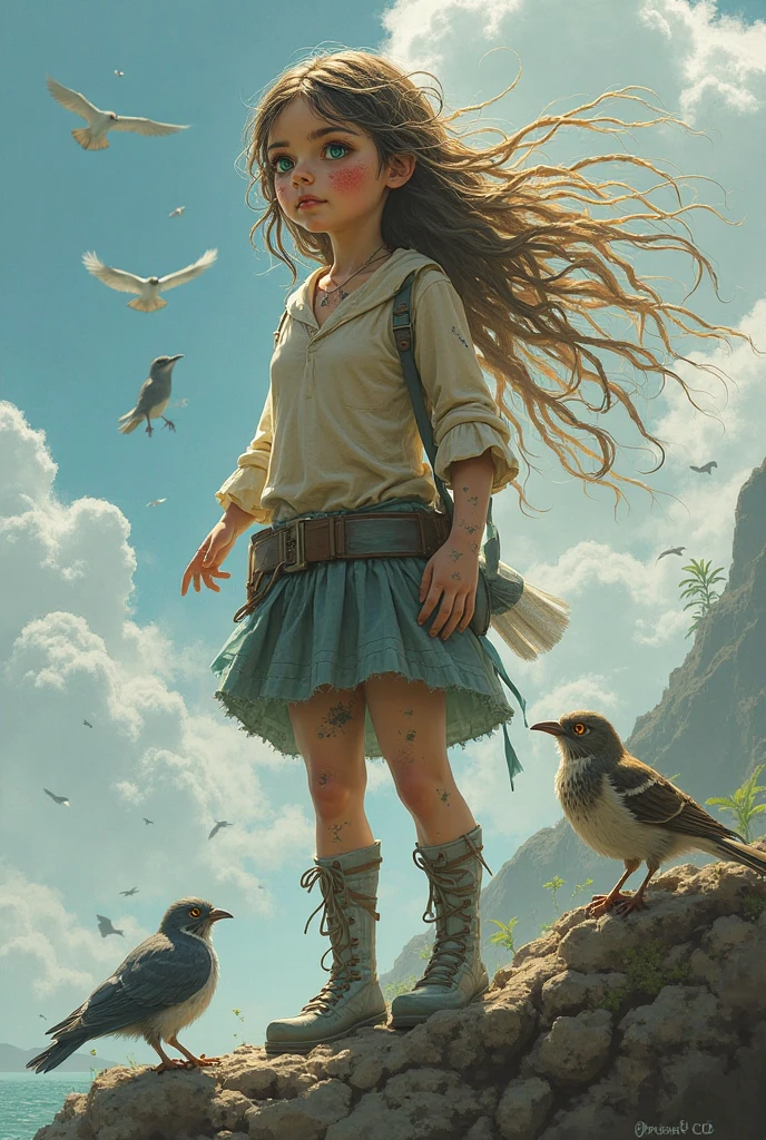 Drawing, fantasy, realism, high detail, rock, cliff, cliff, girl with curly brown hair, looking at the sky, a lizard is visible in the sky, 8kk