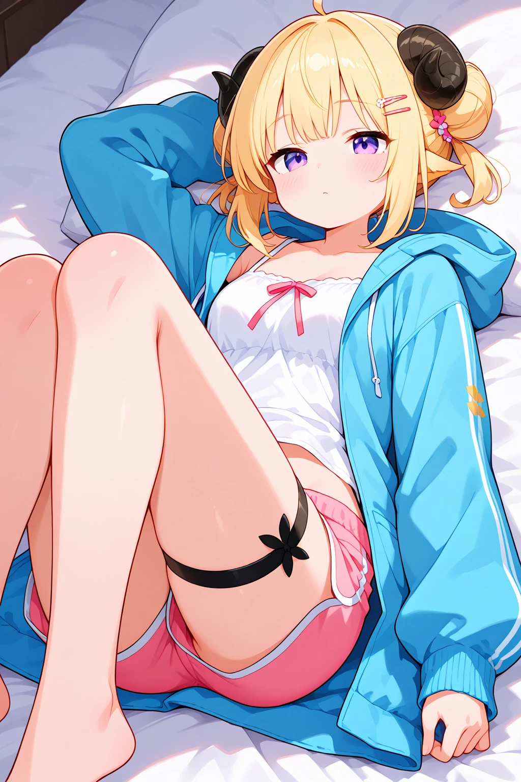 (masterpiece, Highest quality:1.2),（Flawless５Finger、Full legs）、 alone,Shota,,(Flat Chest、),Blonde,,otoko no ko,Femboy,Red eyes,uehara shikanosuke,,beautiful、Lie down、From above、T-Shirts、String Panties,smile、Open your mouth