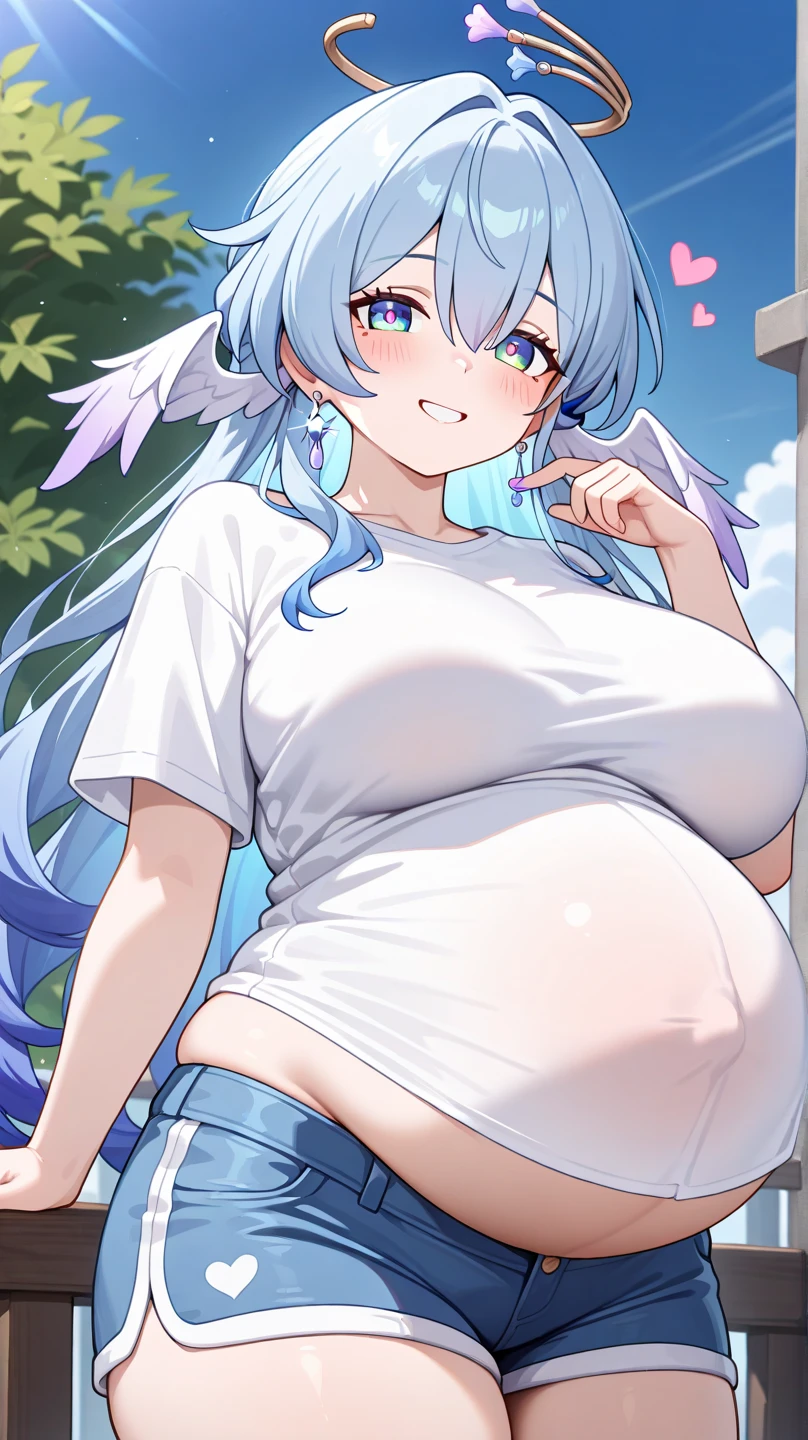 Light purple blue hair，Beautiful female teacher，Fresh，easy，mural，clear feeling, (Pregnant woman with big belly，Huge breasts：1.8)