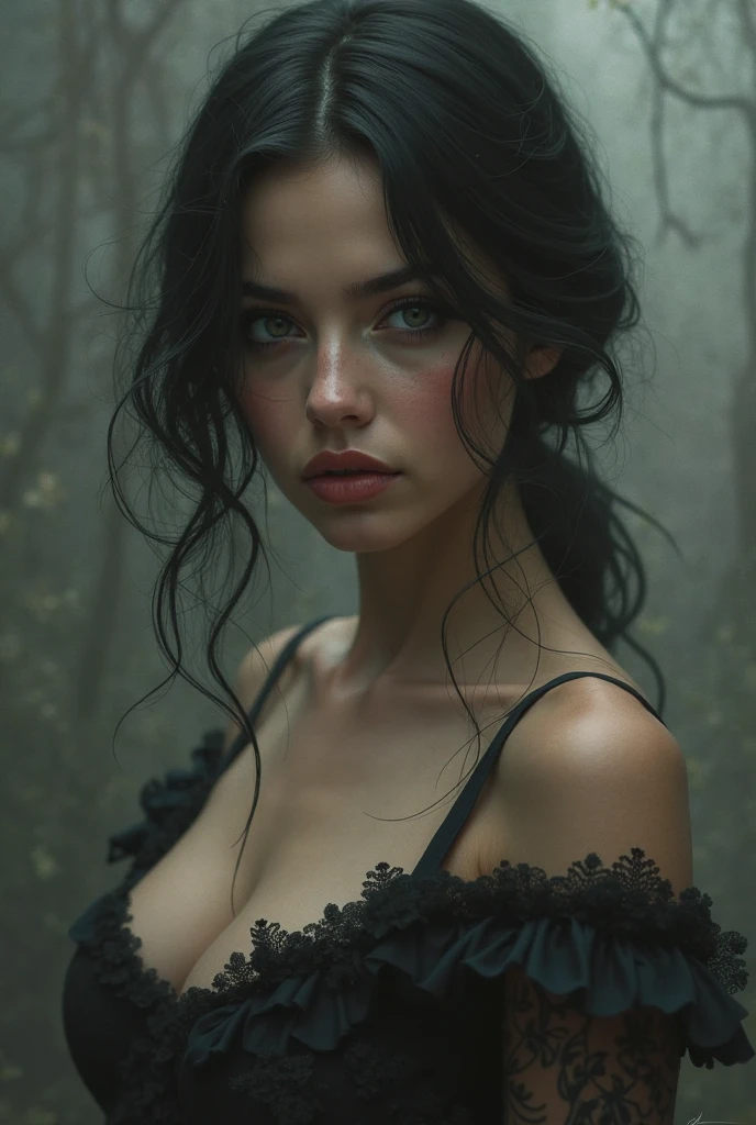 a woman with prominent nipples, intricate detailed face, photorealistic, hyperrealistic, 8k, highly detailed, dramatic lighting, mystical, ethereal, glowing skin, elegant, flowing hair, deep gaze, cinematic composition, moody atmosphere, wide cleavage,image of a full-body woman,BREASTS 3D,image 3D,