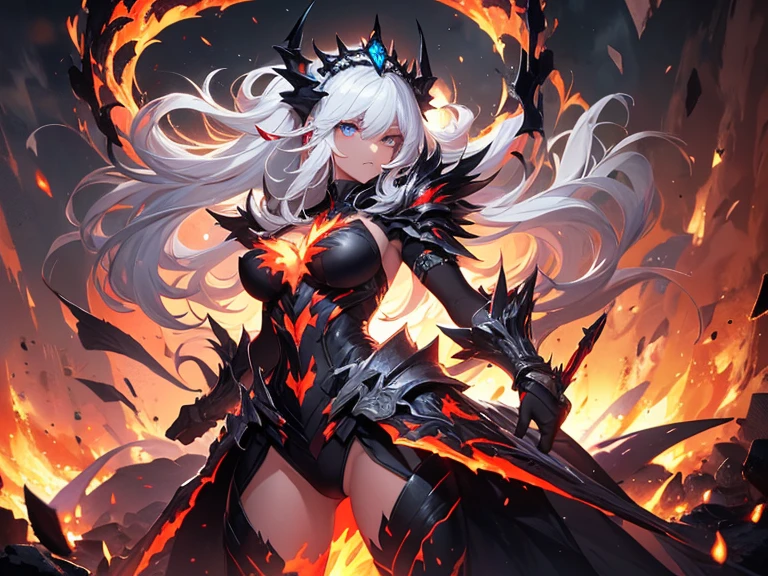 8k_wallpaper, extremely detailed eyes, extremely detailed body, (large masterpiece digital art), (detailed manga illustration), (detailed line art), ((perfect anatomy)), (intricate details:1.3), (ultra-detailed:1.3), (illustration:1.3), (sharp focus:1.3), (natural lighting:1.05), (vivid colors:1.3), (masterpiece), (best quality:1.4), (perfect anatomy:1.4), high quality, expressive eyes, full body, detailed face, beautiful face, perfect face, 1girl, (red skin), black sclera, smile, colored sclera, breasts, solo, monster girl, white hair, demon, wings, tail, boots, thighhighs, eyes, glowing, burning, explosionmagic, smoke, excessive energy, full armor, (armor), helmet, heavy armor, halberd