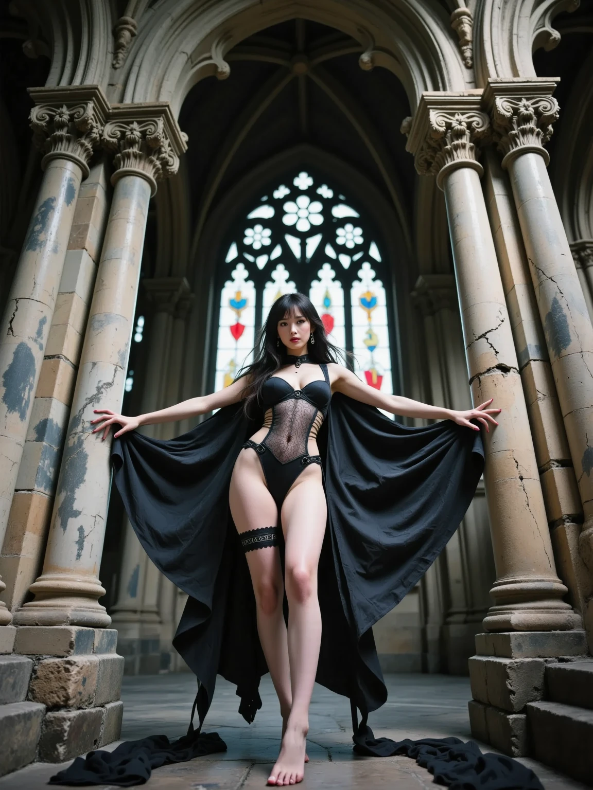 Gothic goddess undresses in the atrium of a church with her legs spread clutching her breasts