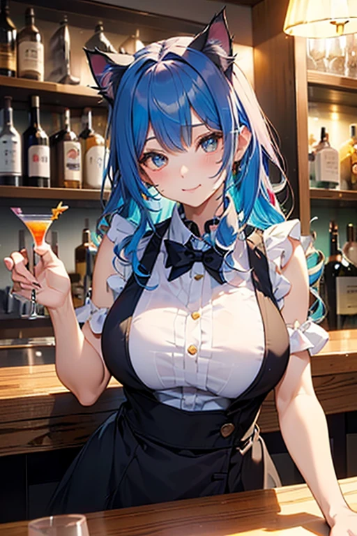 1lady,solo,cute,beauty,blue hair and short hair,standing,big breasts,big bust,have a cocktail glass,bartender,black vest and white shirt,stylish,in nightclub,bar,liquor bottles,dark,neon