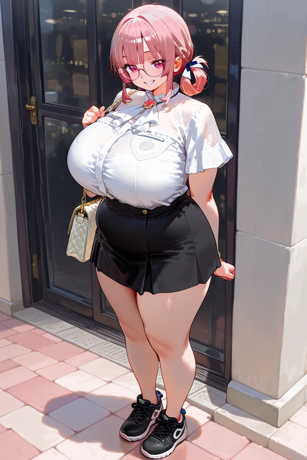 Masterpiece, high quality,Best Quality,
canine, skin canine,perla \(maidragon\),
perla, 1 girl, Alone, looking at the viewer, blush, SMILE, Open mouth, shirt, Thighs, dress,clavicle, short sleeves, :d, shoes, black Thighs, black dress, black shirt, two low tails, red footwear,swollen lips, Painted lips, thick lips, Wide hips, Thighs gruesos, huge ass, longing for expensive lust , huge huge natural breasts,Pool, Rosa bikini, giant breasts,
