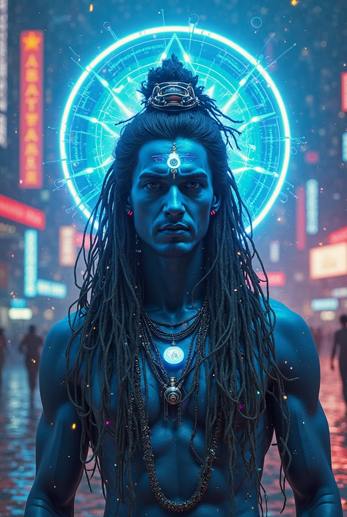 A mystical Aghori samurai meditates in the heart of New York City during Día de los Muertos. Goya's haunting style merges with John T. Biggers' powerful imagery, rendered in vibrant acrylics. Shattered glass fragments reveal a hyper-realistic, mythical being with iridescent scales, emanating divine energy and molecular auras.
