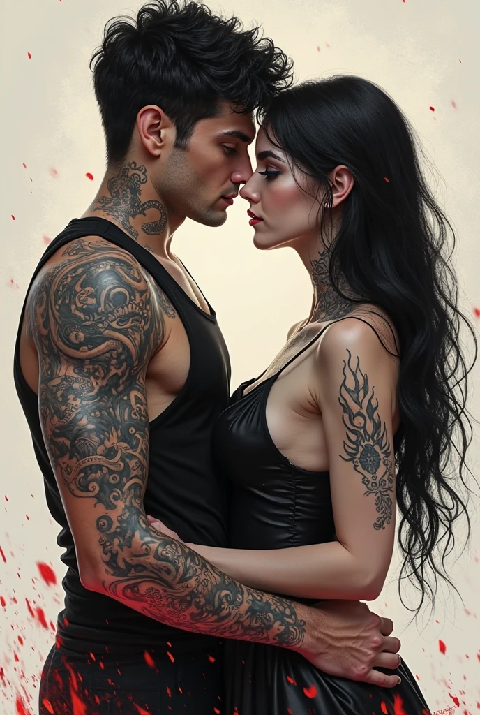 Black haired woman behind a very handsome long black haired man with tattoo
