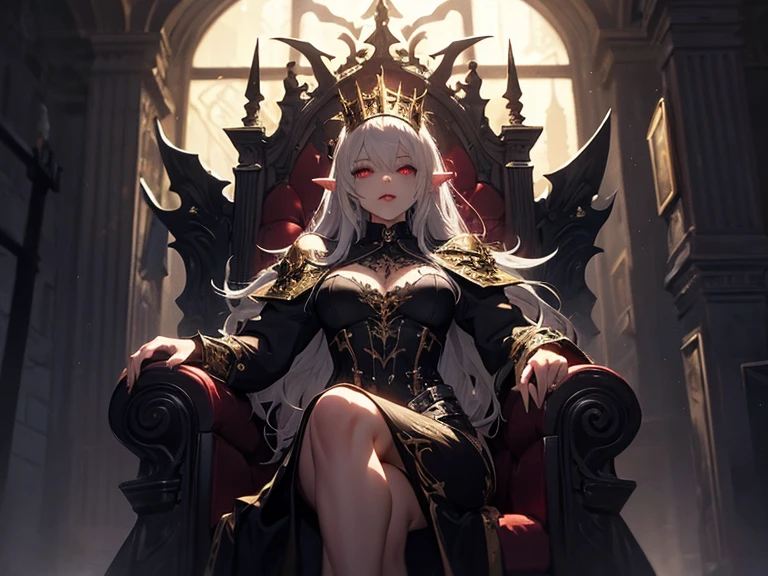 Tia is shown to have a fairly slender with busty figure. She has dark hair with a single lock of hair turned pure white , she has long voluminous hair and large pale green eyes, The woman is sitting on a throne made of bones and skulls looks like a queen from a fantastical dark world. It could be that skulls symbolize her overcoming the death and destruction of war, but She sits firmly and confidently as if she controls these forces rather than perpetrating them. Her skin is perhaps bronze from being in the sun in color, which enhances the cheerful and mysterious atmosphere of the picture. There may be a mysterious sparkle in her eyes, adding to her mysterious appeal. There may be a hint of sadness or depression in her face, showing a contrast between outward strength and inner weakness. The throne itself looks terrifying and spartan, made of crossed bones and scattered skulls. (There may be hordes of terrifying creatures, such as monsters and zombies gathered around the throne), enhancing the feeling of fear, isolation and power at the same time. The image creates a tension between beauty and horror, arousing curiosity and anxiety at the same time., cleavage exposed, big breasts, superior quality, many details, greg rutkowski