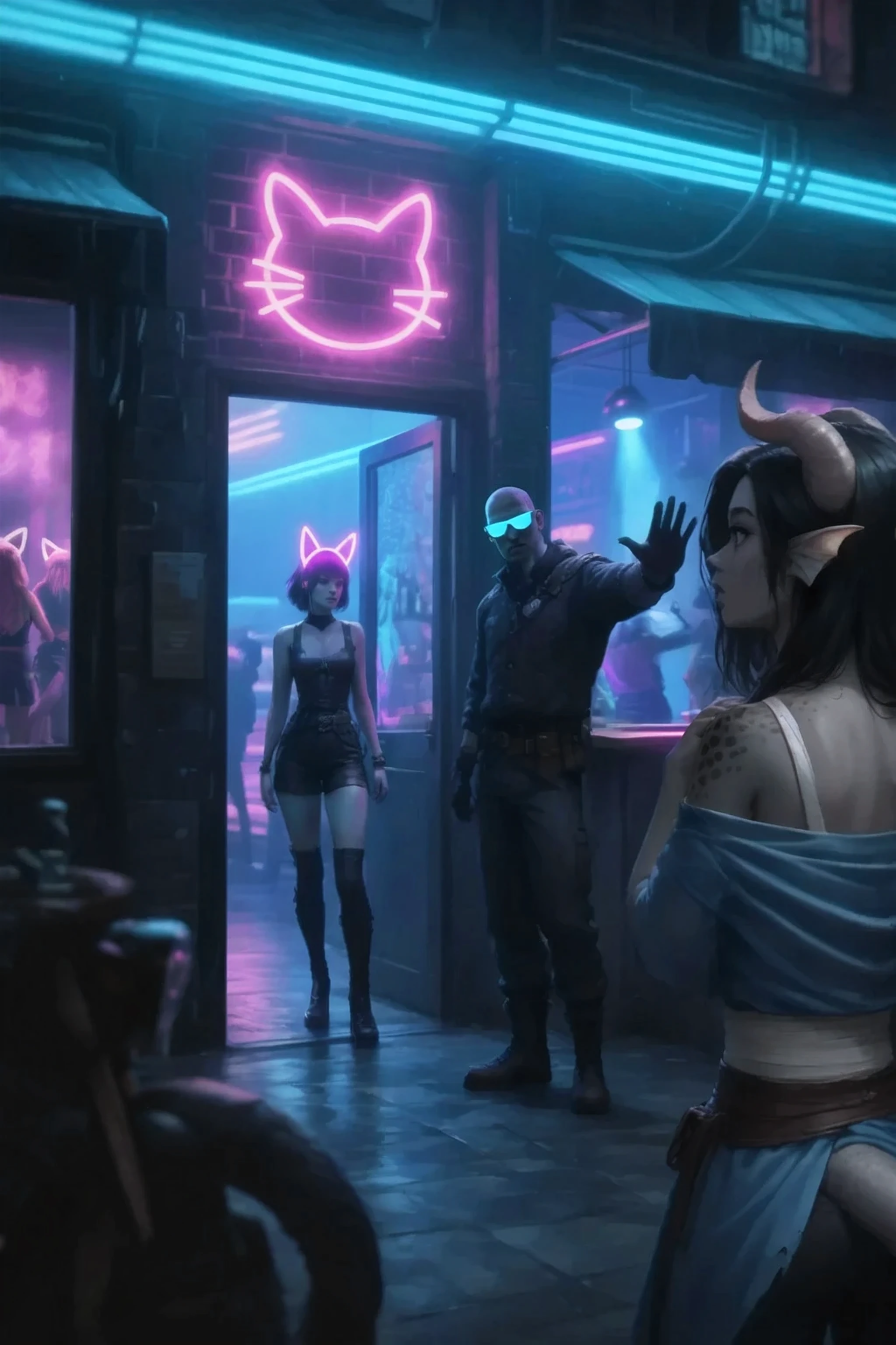 The view is slightly projected from the side. A stern bodyguard wearing neon glowing glasses stands at the entrance to the bar and shows his hand to stop, not letting Kedra pass the girl with fins on her head. At that moment, a girl in a leather outfit with glowing ears on her head had already entered the bar. It's cold outside and the pavement stones are wet, the light from the neon sign above the door depicting stylized cat ears in pink neon. Inside the building, there are neon spotlights and dancing people with cat ears.
The lighting is bright in the center and dark at the edges, that allows you to add depth and darken everything secondary. The contrast between the wet street and the fun at the bar. In the foreground, the motorcycle is sticking out very blurry and heavily darkened.
Nice soft shades and pastel colors. blue shades predominate. unrealistic image . amazing quality, 8 k, Ultra HD, impressive lighting. fantasy genre, dramatic lighting. Highly detailed digital art style. The composition is very rich in details.