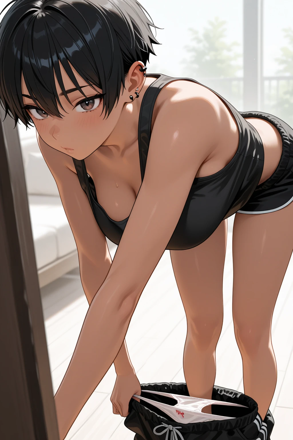 Cute Japanese high school girl with short cut black hair. She wears a sports bra, high-leg panties, and open-fingered gloves. She has small breasts, a poor belly, and a slender body. Sweaty and bruised, she is bent forward in a mixed martial arts ring, hands and knees on the floor. One eye closed, mouth open, she is gasping and drooling.
