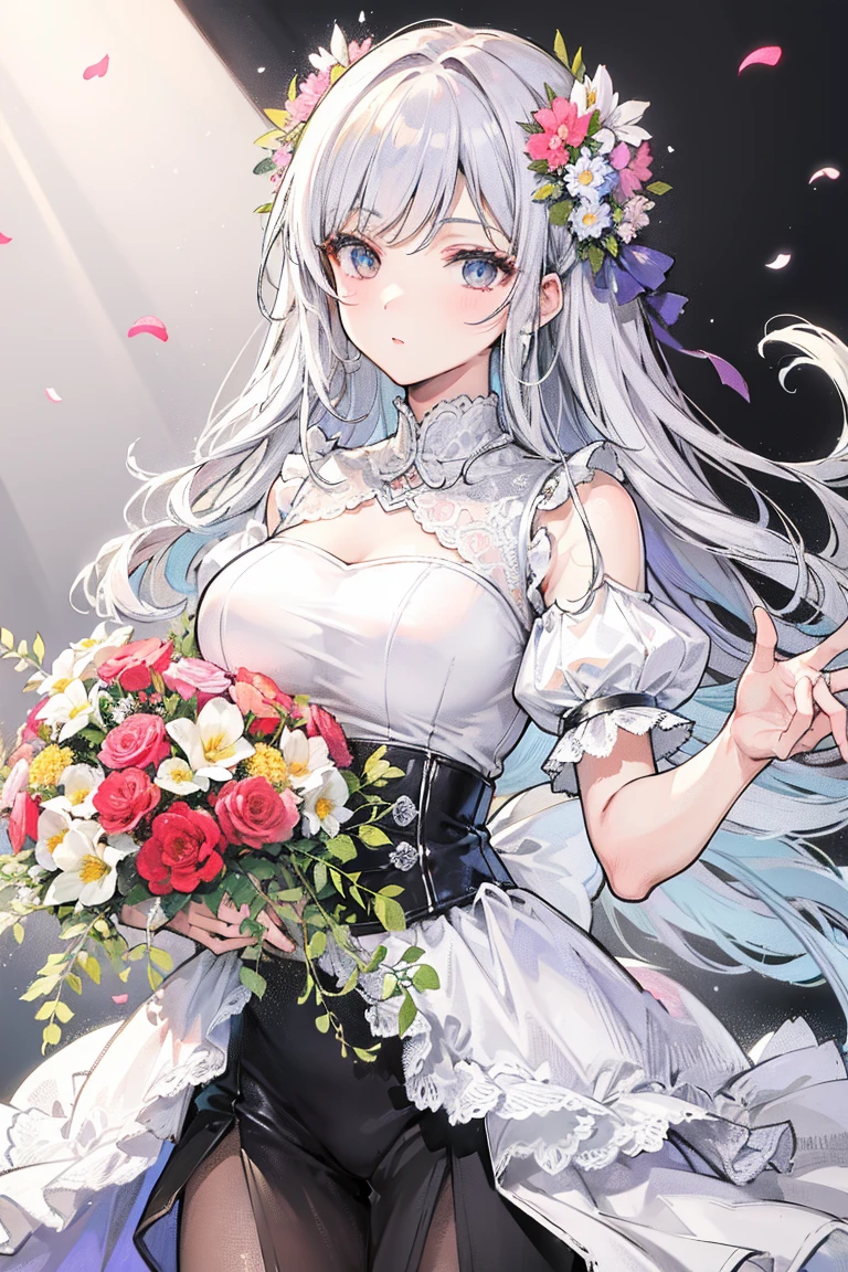 aaenter, long hair, bridal veil, white hair, purple eyes, crown, choker, large breasts, cleavage, bride, wedding dress, white dress, long dress, <lora:enterprise_v1:0.7>, upper body, holding bouquet, smile, tears, garden, flower, confetti,