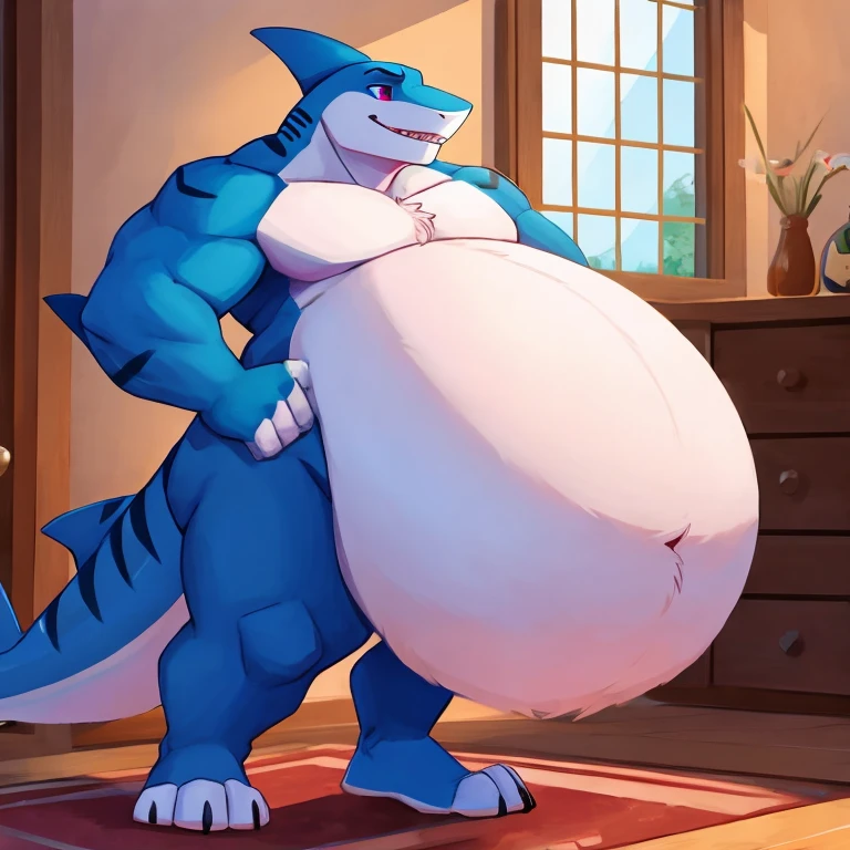 Pokemon Feraligatr, rape face, reclining, big belly, out of shape,