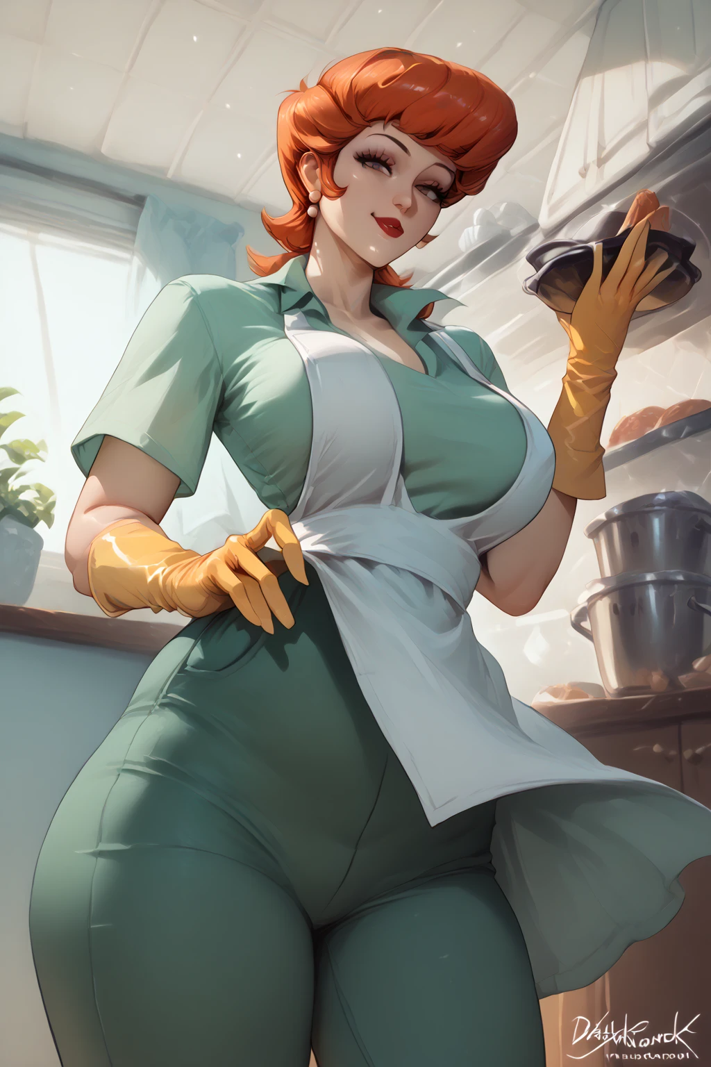 (masterpiece, best quality:1.2), mom (dexter's laboratory), 1girl, solo, apron, jewelry, earrings, gloves, big breasts, wide hips, makeup, lipstick, curvy, shirt, large breasts, collared shirt, thick thighs, short hair, pants, orange hair, short sleeves, mature, lips, green pants, candles, soft light, bedroom, day, cowboy shot, bed, blur_background