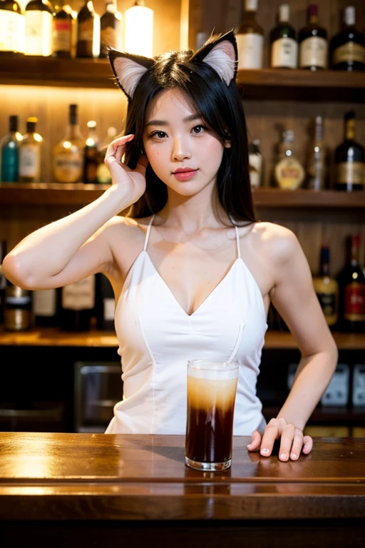 8k, best quality, realistic photos, realistic details, clear face, delicate facial features, real skin shine, a cute girl, shy, facing the camera, girl sitting in a bar in a gray fishnet sweater and tight panties, clear bar background, sea view, arms on bar counter, hips, slim body, big breasts, 24 years old, charming, seductive eyes
