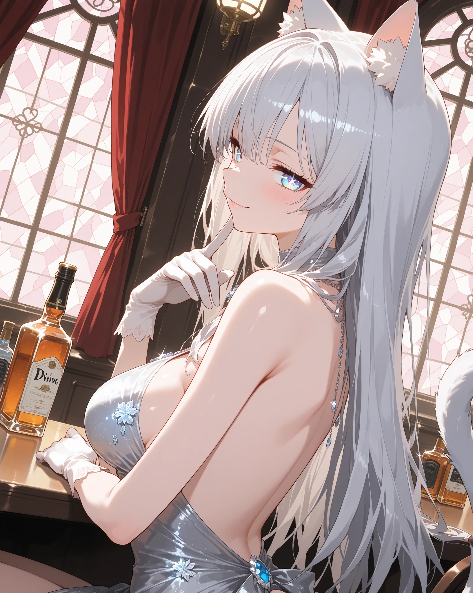 (top-quality、in 8K、32K、​masterpiece、UHD、超A high resolution、Photorealsitic、realisticlying、profetional lighting、raw:1.4)、From below、detailed faces and eyes、Realistic pupils、Sharp pupils、Full body, (a bar counter、shop front:1.4)、beauitful face、blurry backround、16-year-old beautiful girl、shinny skin, (１The fox tail of the book grows:1.4)、Beautiful silver hair、short-hair、(poneyTail:1.2)、green colored eyes、Fox ears、hair adornments、kindly smile、Naughty open-mouthed smile、Curve、(Silver costume、Playboy Bunny Girl:1.2)、Silver High Cut Leotard、Wearing fishnet stockings、White cuffs、a bow tie、dynamicposes